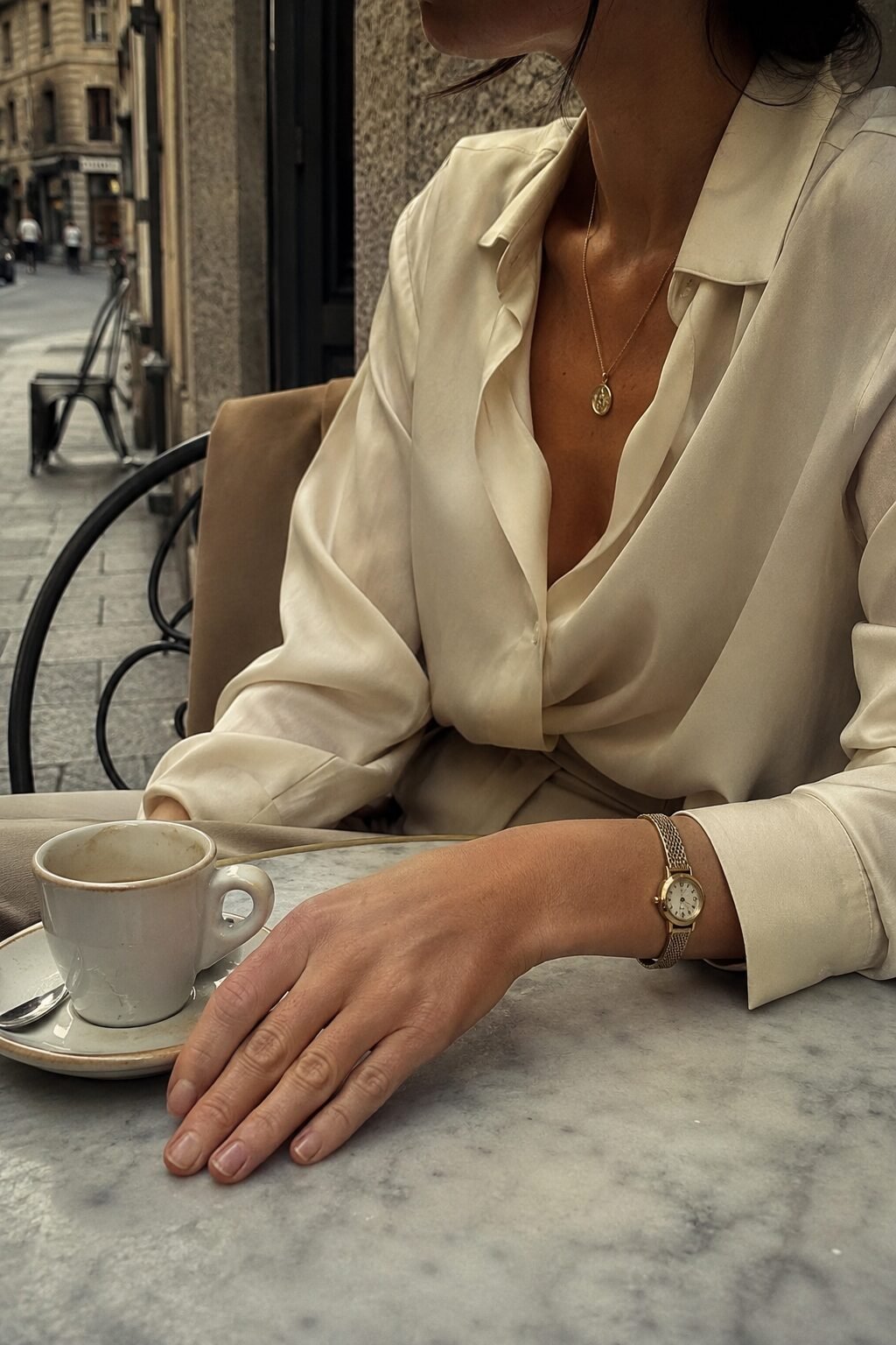 Close-up of a woman's hand wearing a gold pendant necklace and watch