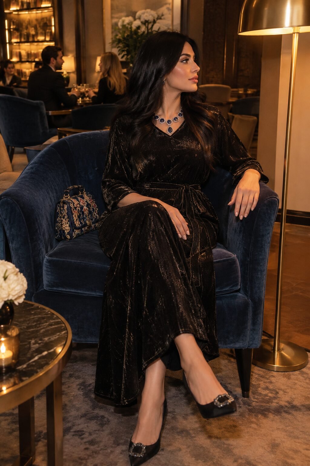 old money date night outfit: black velvet dress with an indigo statement collar necklace