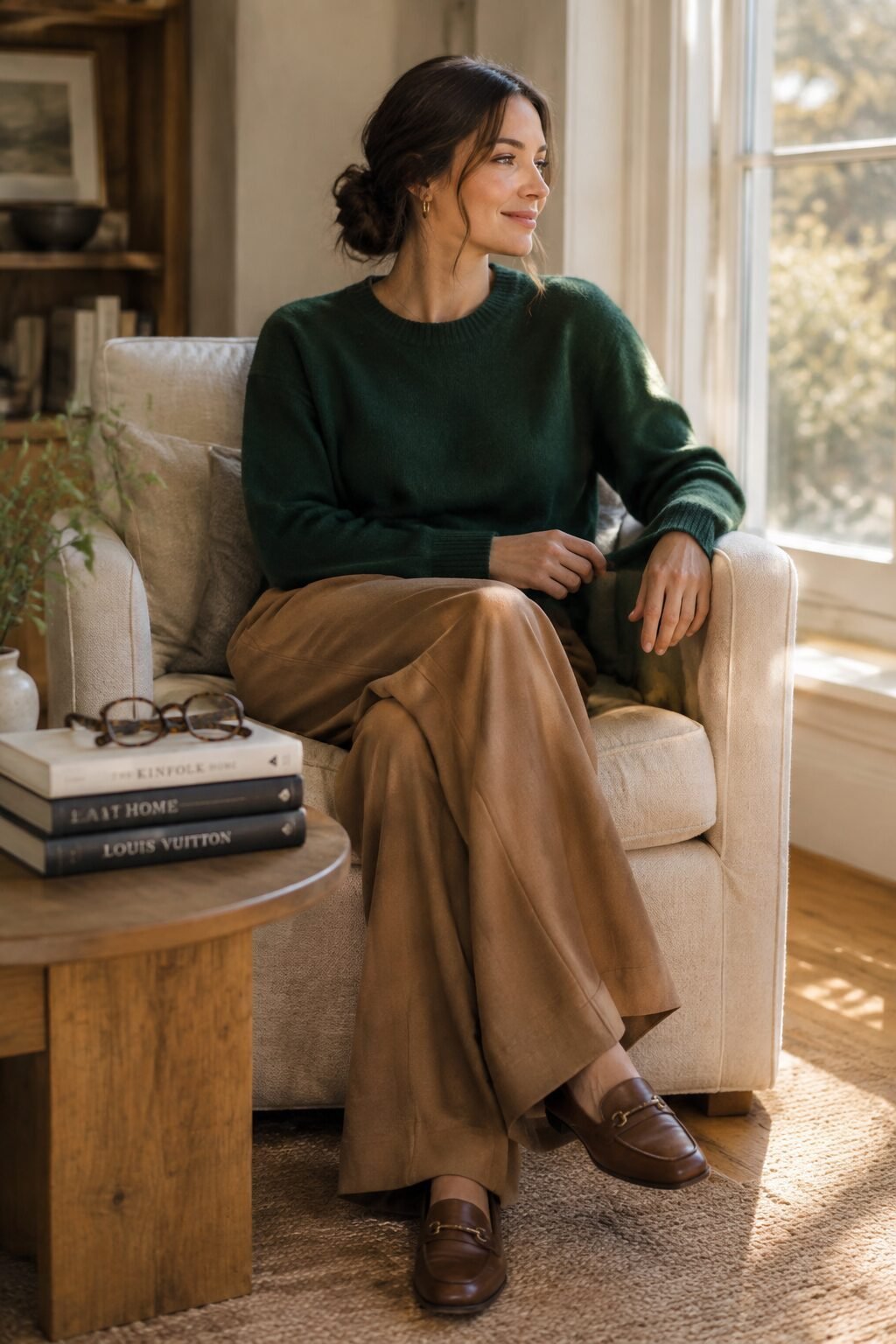 Woman wearing a forest green cashmere crew neck sweater in a calm sunlit room, reflecting the same restraint as her 2027 vision board