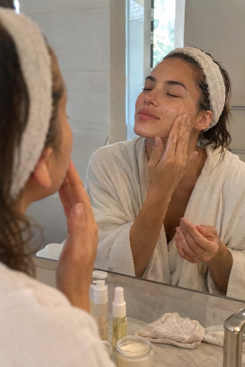 Applying a cleansing balm as part of a morning skincare ritual