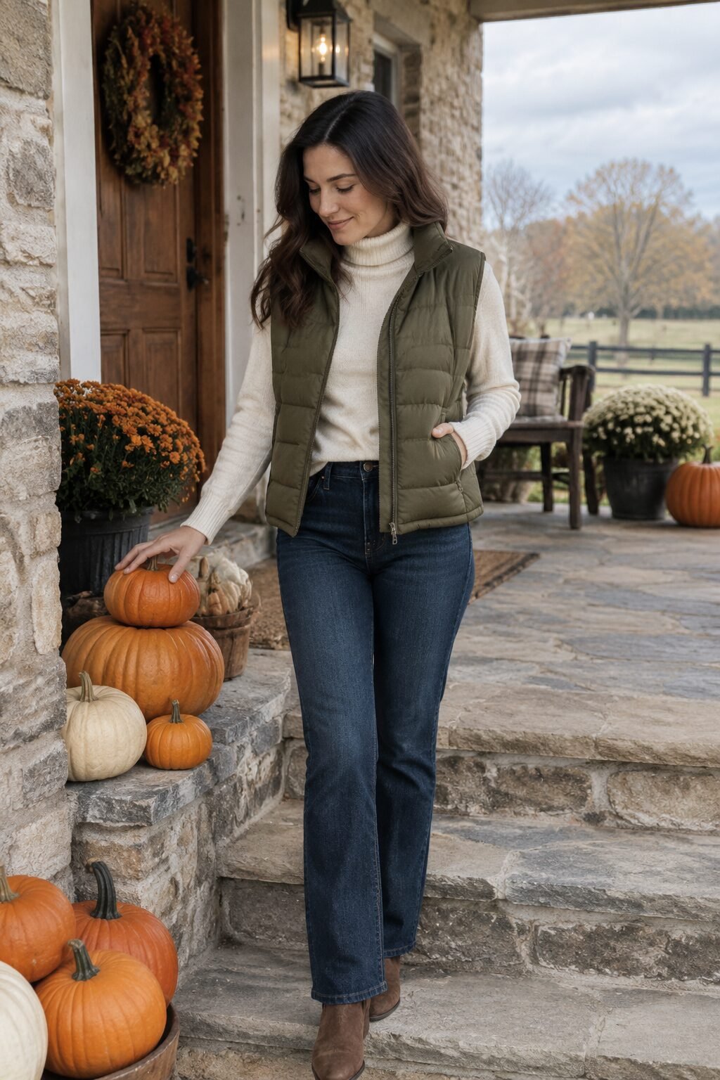olive quilted vest outfit for fall with cream cashmere turtleneck and straight-leg denim