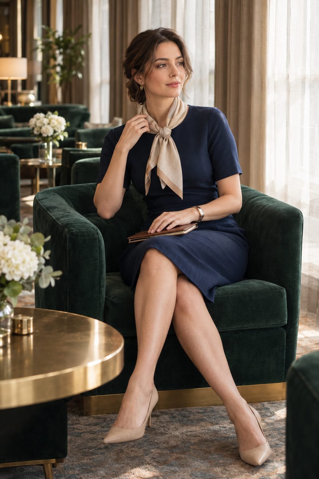 how to style a corporate dress with a silk scarf: navy ponte sheath dress with a beige cashmere silk scarf knotted at the neck