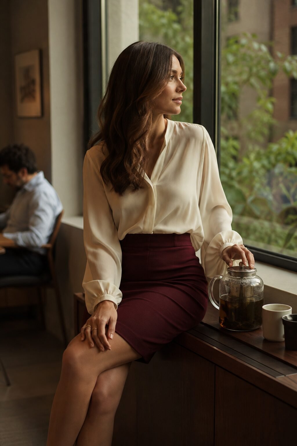 wrinkle-free work outfit: burgundy ponte pencil skirt with an ivory blouson-sleeve blouse