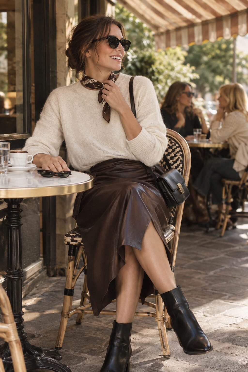 ladies who lunch capsule wardrobe outfit: ivory cashmere sweater with chocolate faux leather wrap skirt and black leather boots and bag