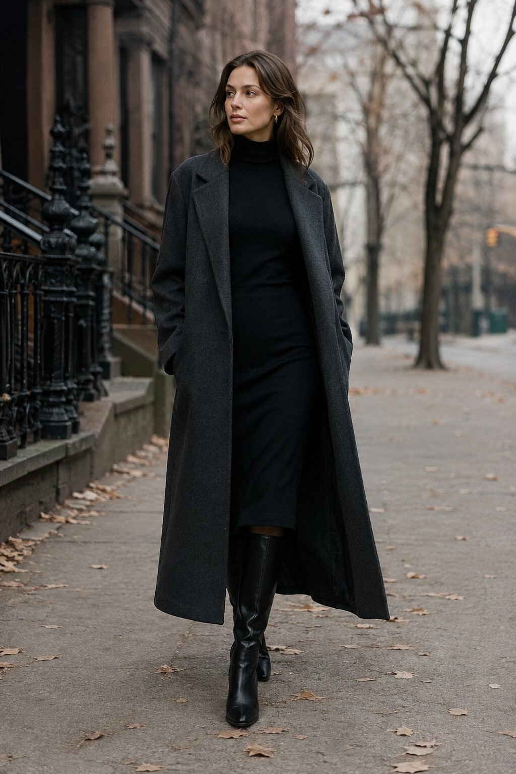 fall winter black turtleneck sheath dress outfit under a long charcoal wool coat
