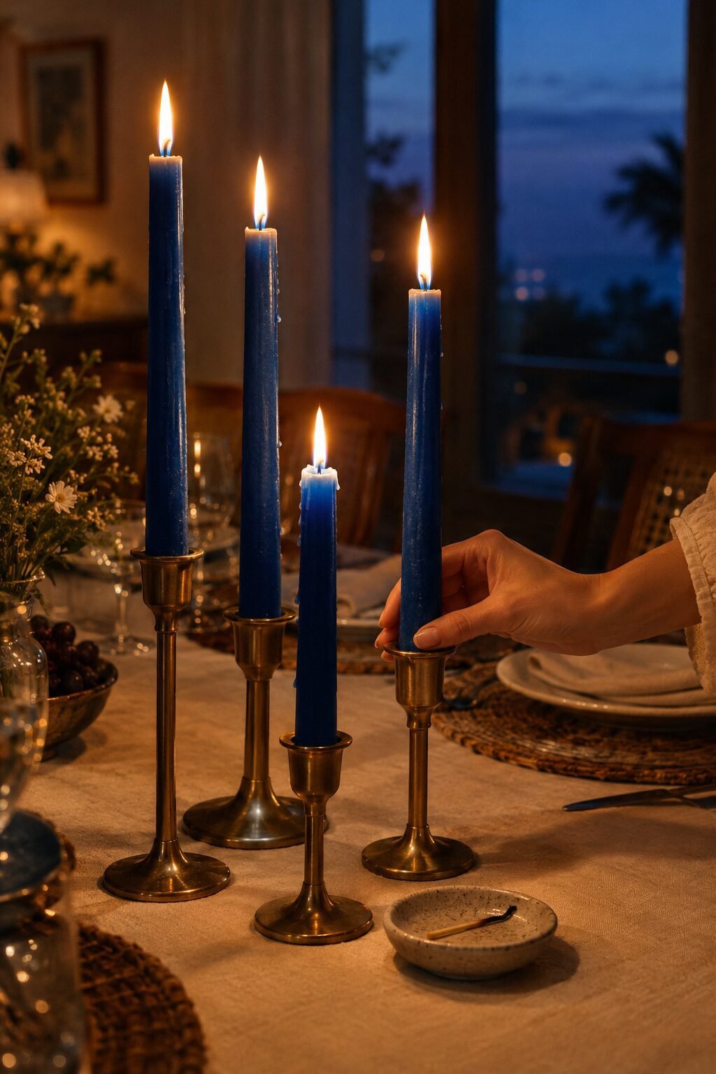 old money holiday table setting lit with taper candles at varying heights