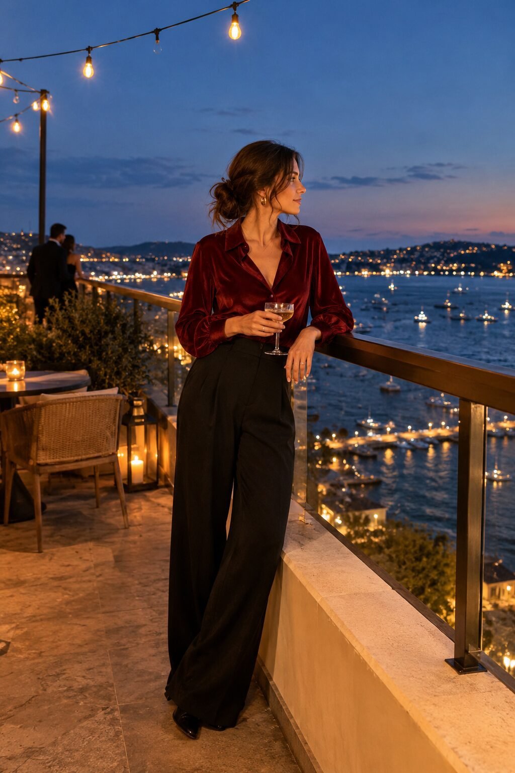 old money valentine's date night outfit: wine velvet blouse with black wide-leg trousers