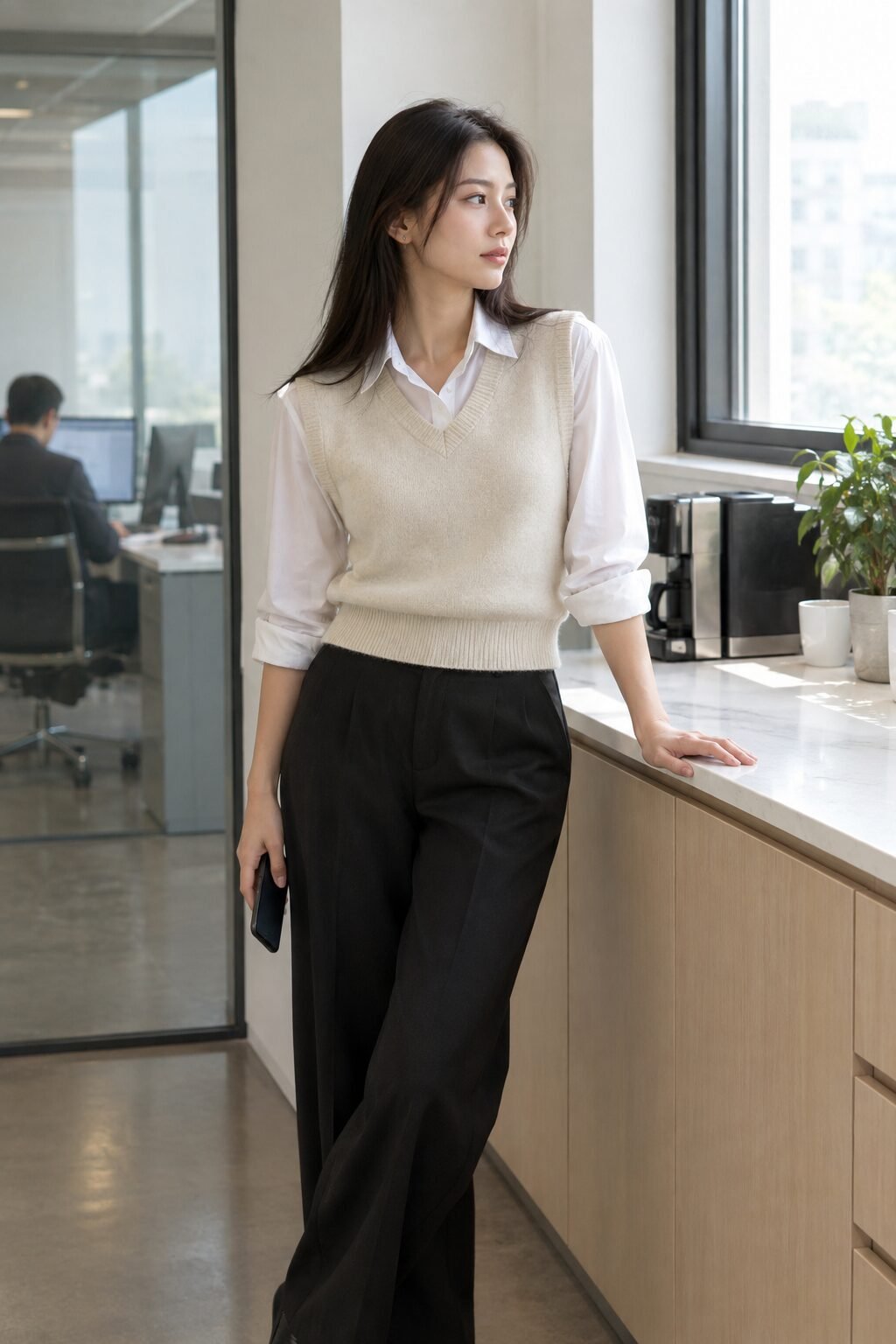 classic 2027 fashion trend: oatmeal cable-knit vest layered over white poplin shirt and black wide-leg trouser