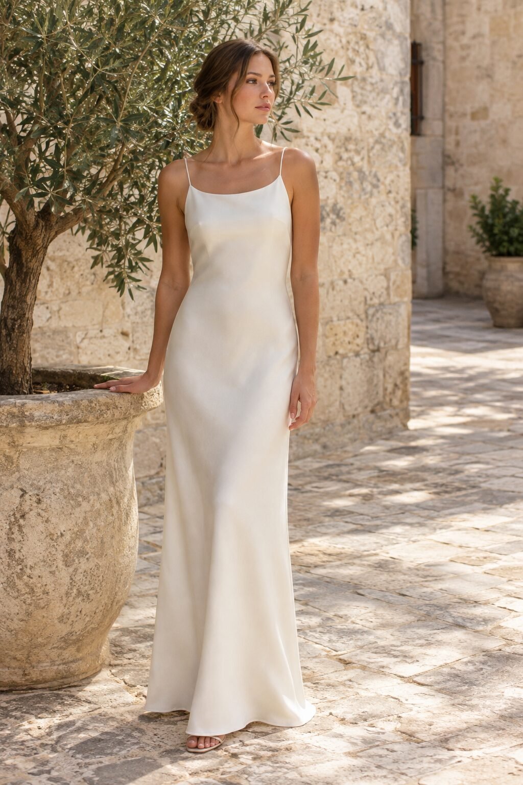A woman in a fitted ivory slip dress walking through a sunlit courtyard, minimalist bridal styling