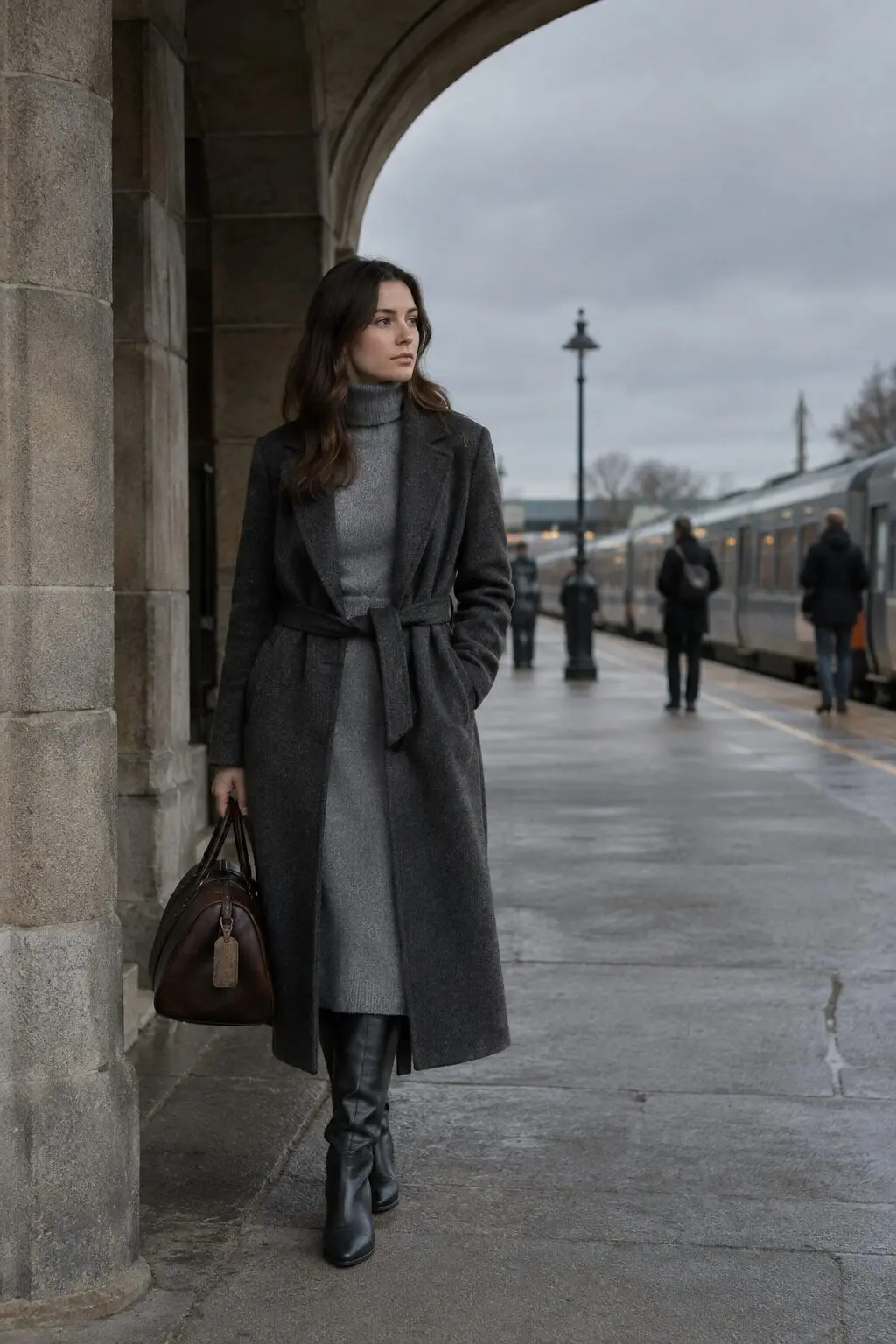 charcoal and grey fall outfit: charcoal wool-cashmere coat open over a heather grey turtleneck dress