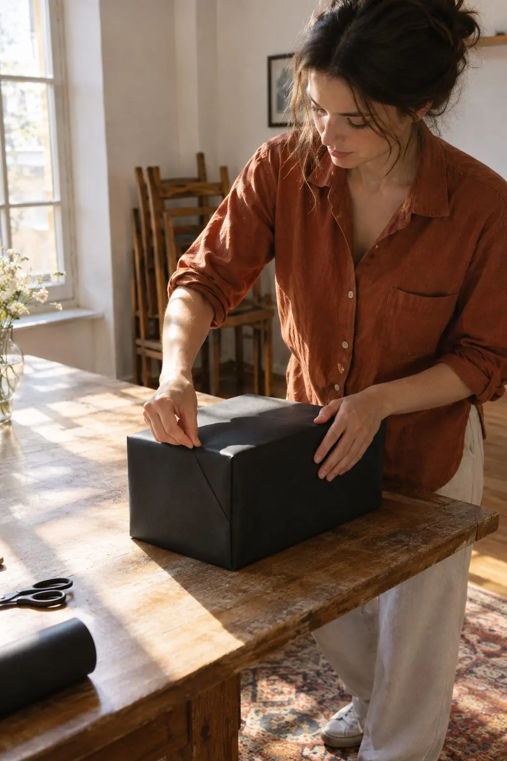 elegant gift wrapping ideas: sharply creased corners on a box wrapped in fitted matte paper
