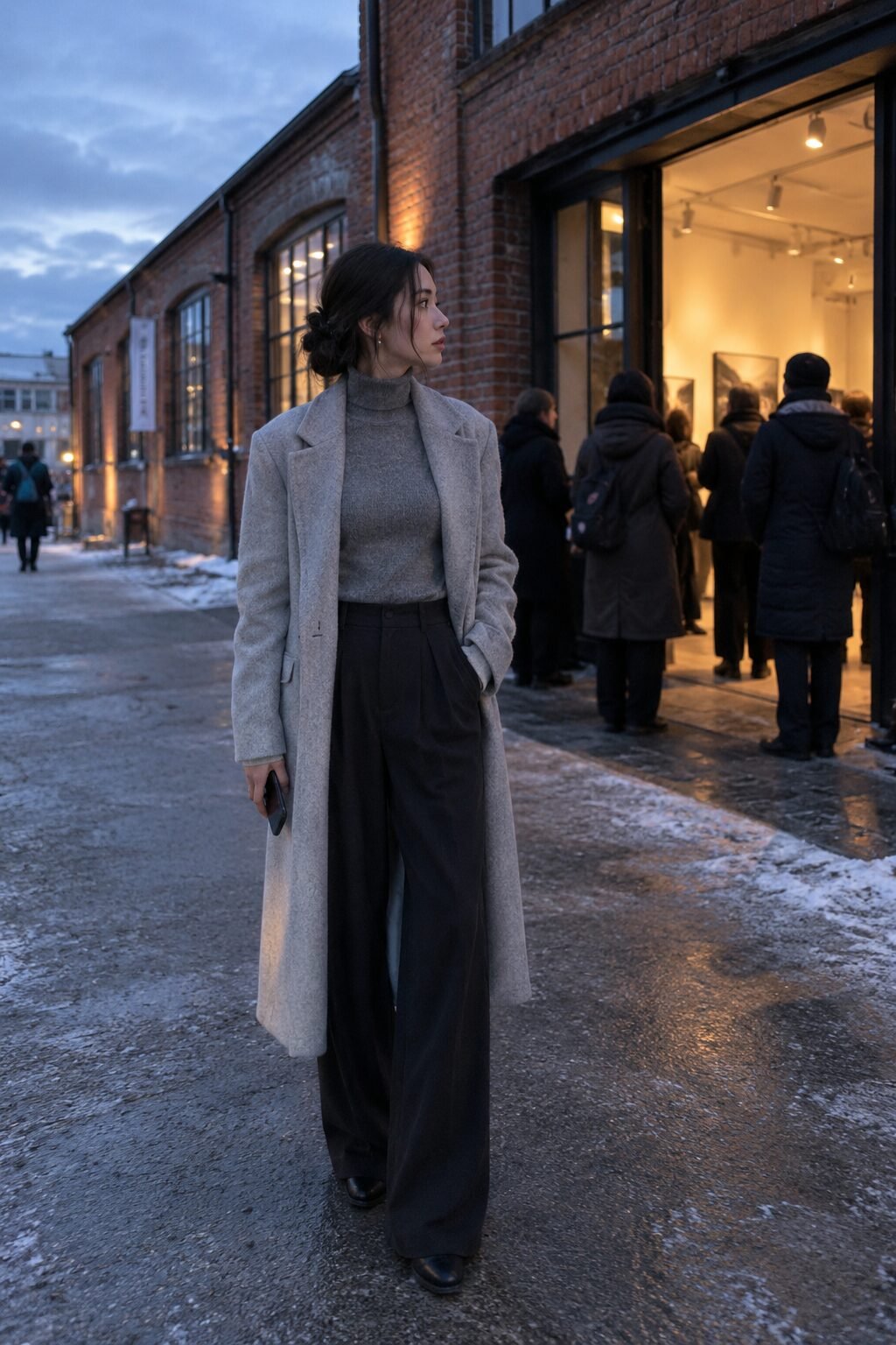 old money outfit for a gallery opening: grey alpaca turtleneck, black wide-leg wool trousers and long light grey coat