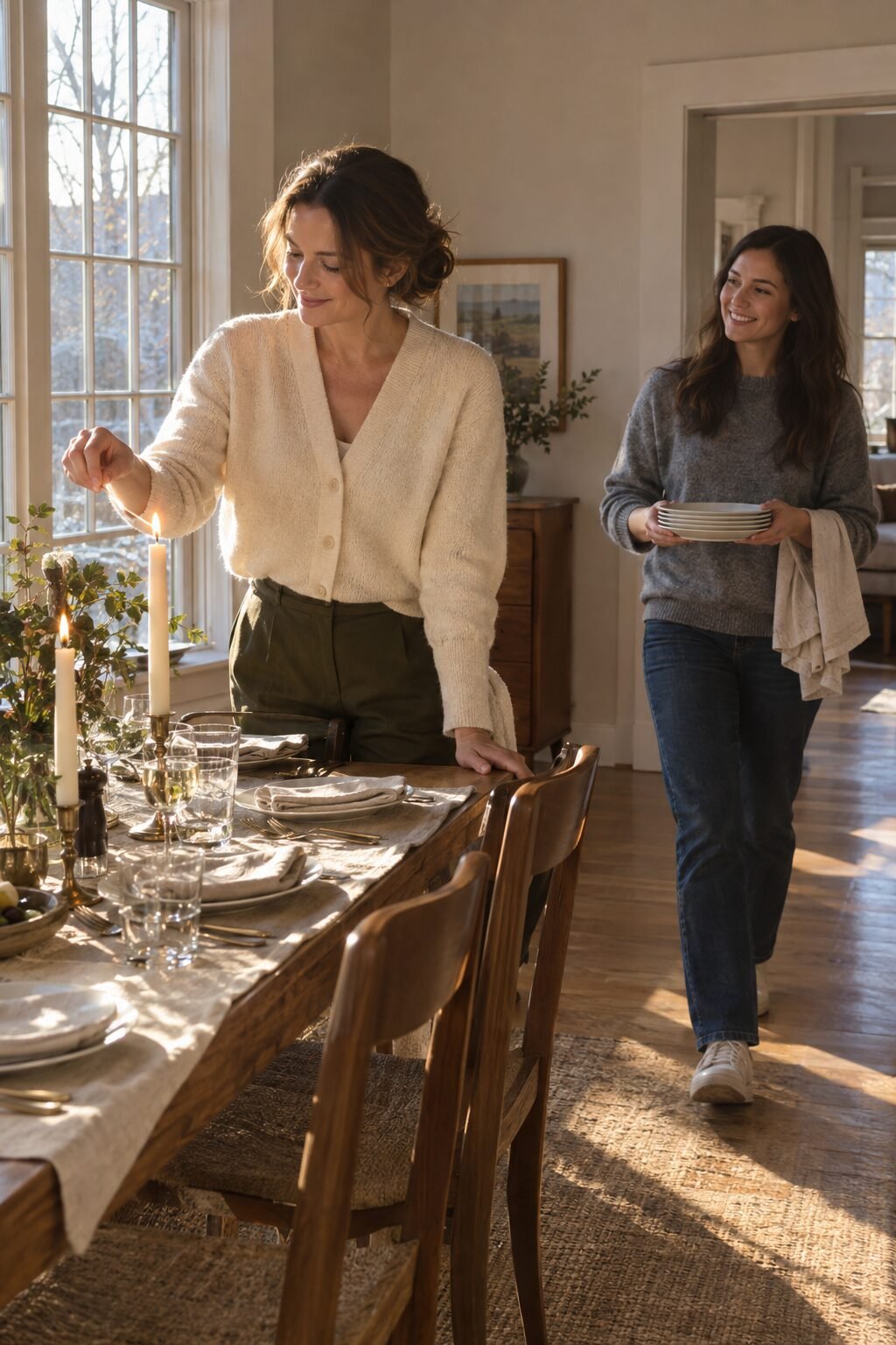 a guest carrying plates to the table while the host lights candles at a holiday dinner