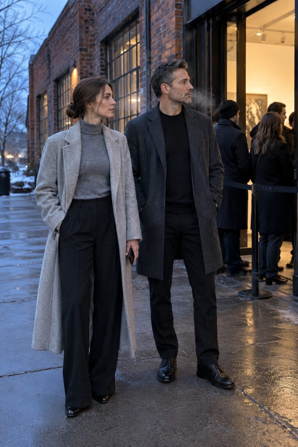 old money couple outfit for a gallery opening: grey alpaca turtleneck, black wide-leg wool trousers and long light grey coat