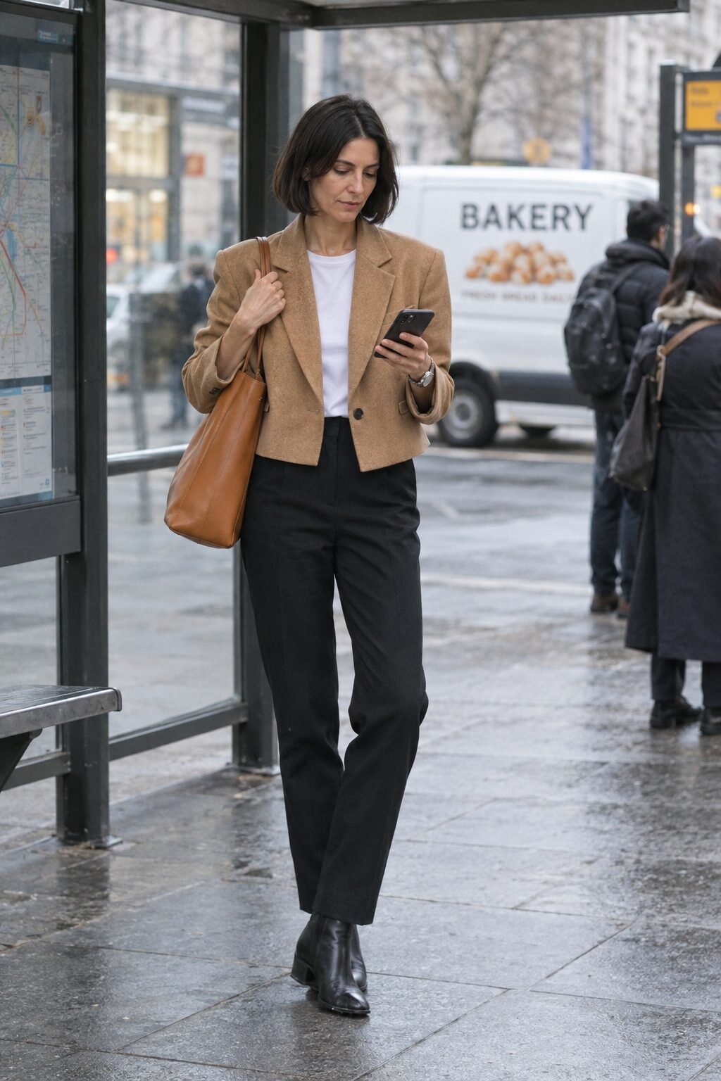 woman walking through a city street carrying a leather tote as a three-day handbag trial