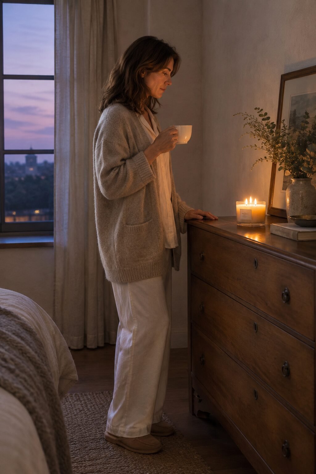 woman lighting a candle on a dresser beside a porcelain teacup at dusk, a calming Sunday evening ritual