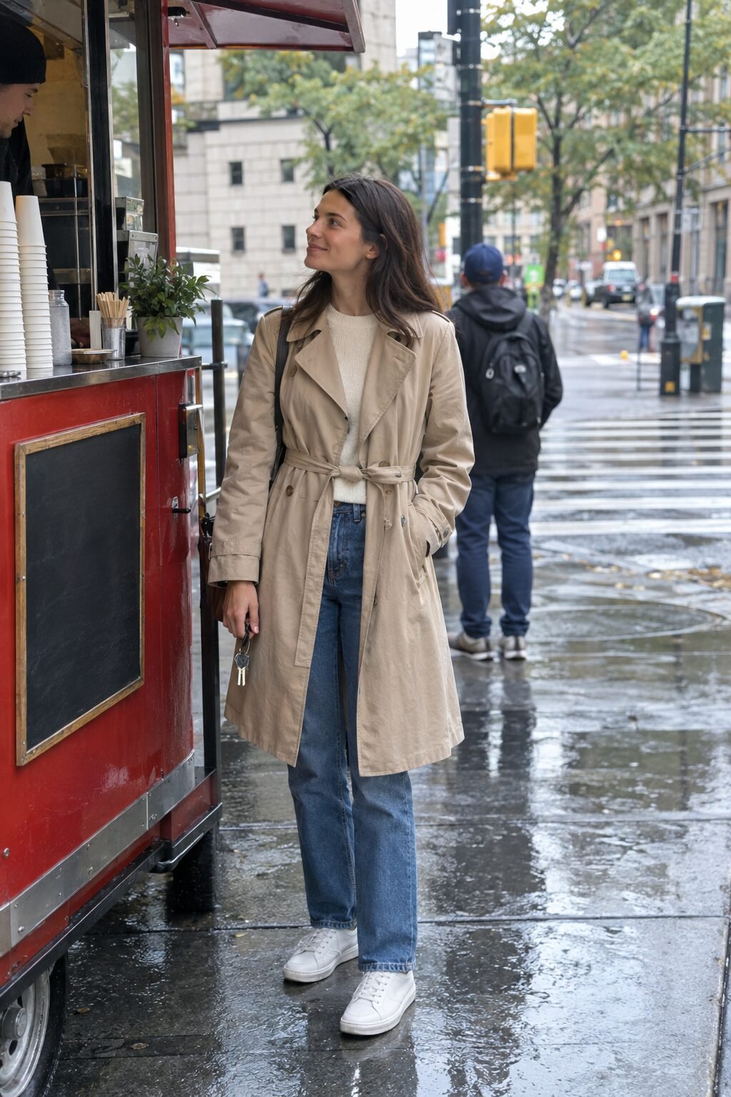 elegant coffee run outfit: beige trench coat, mid-blue straight jeans, and white leather sneakers