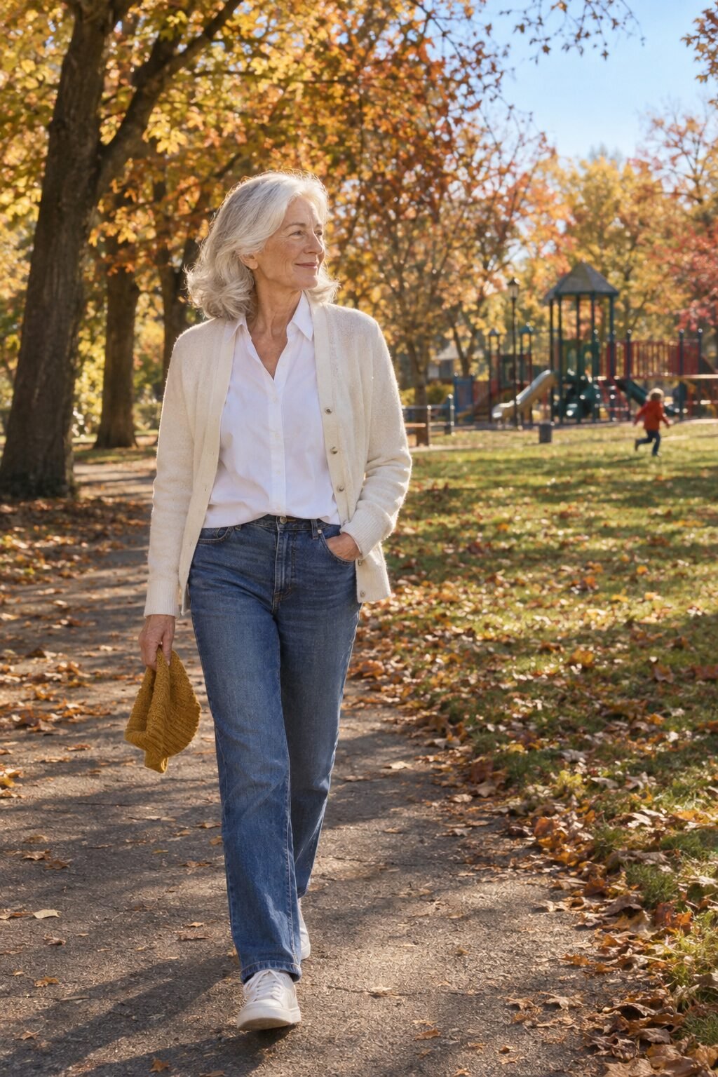 casual weekend capsule wardrobe outfit for women in their 70s: straight jeans, white poplin shirt, ivory cardigan and white leather sneakers at the park