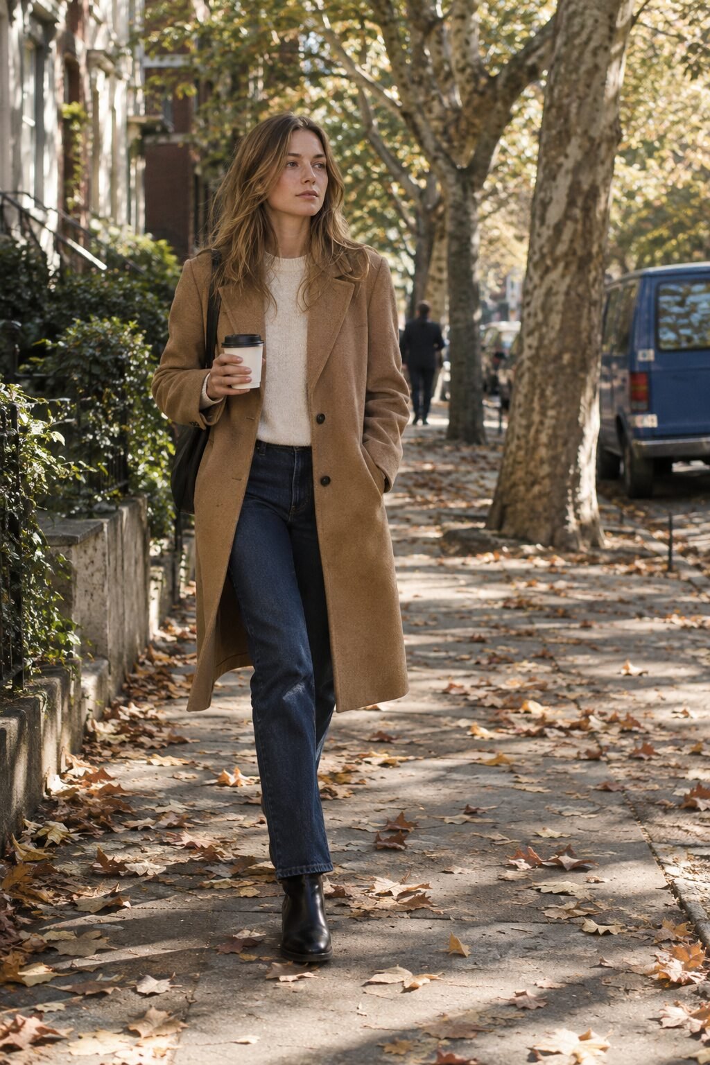 woman in a caramel wool single-breasted coat walking down a leafy street
