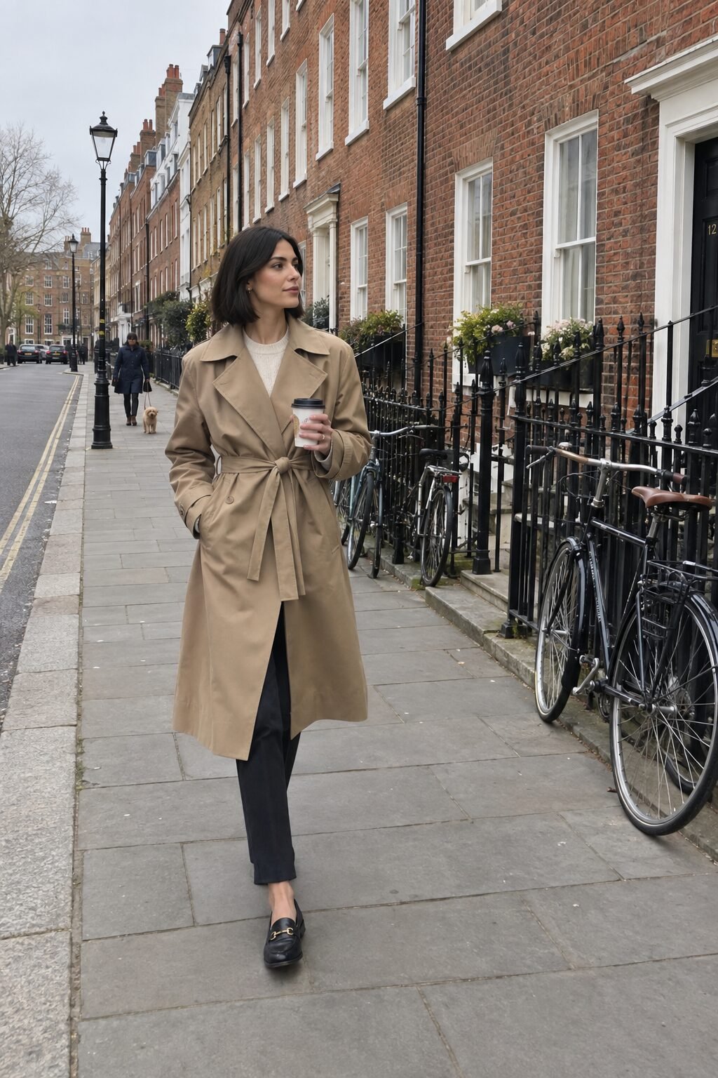 A woman in a camel trench walking down a quiet street with a takeaway coffee