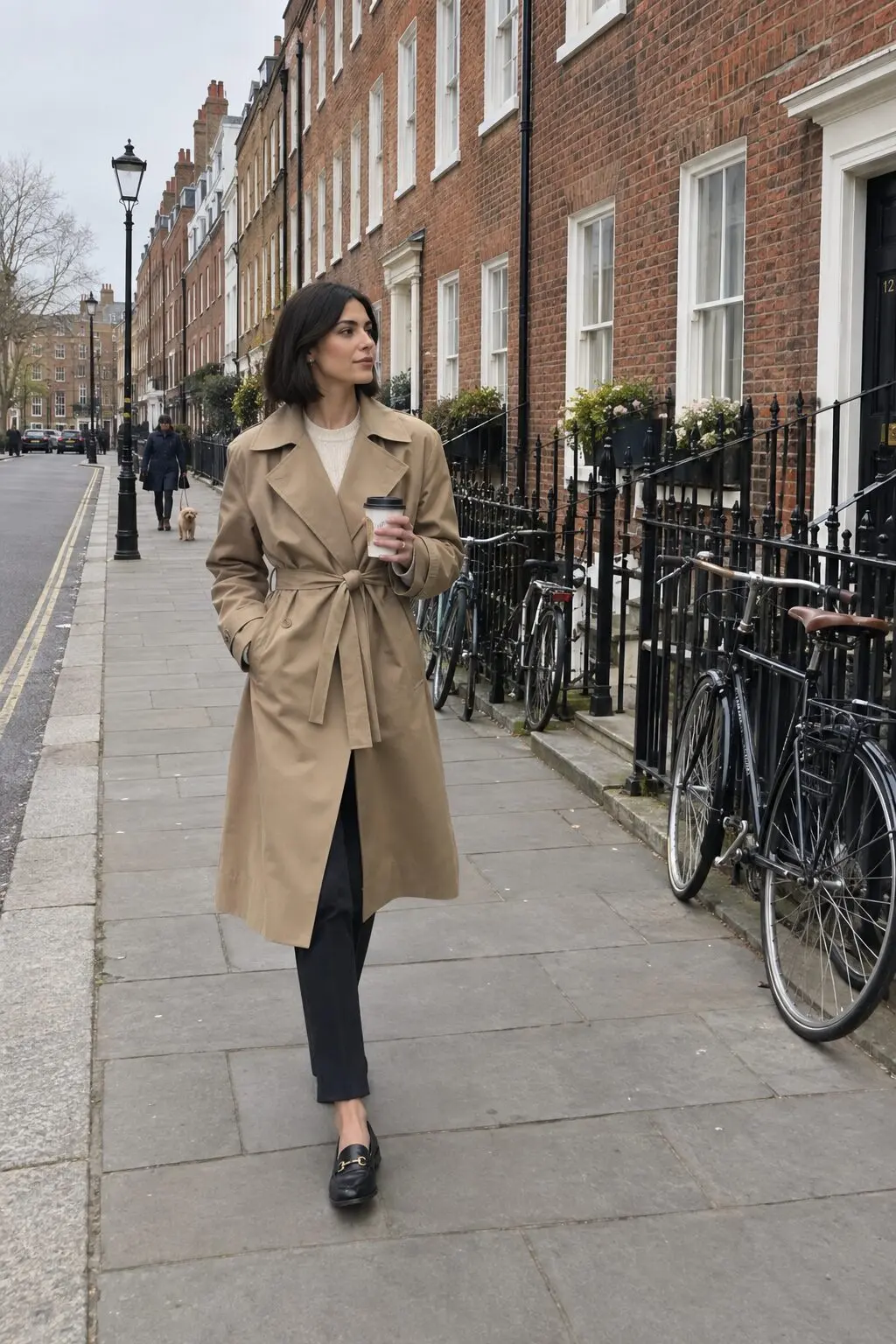 A woman in a camel trench walking down a quiet street with a takeaway coffee