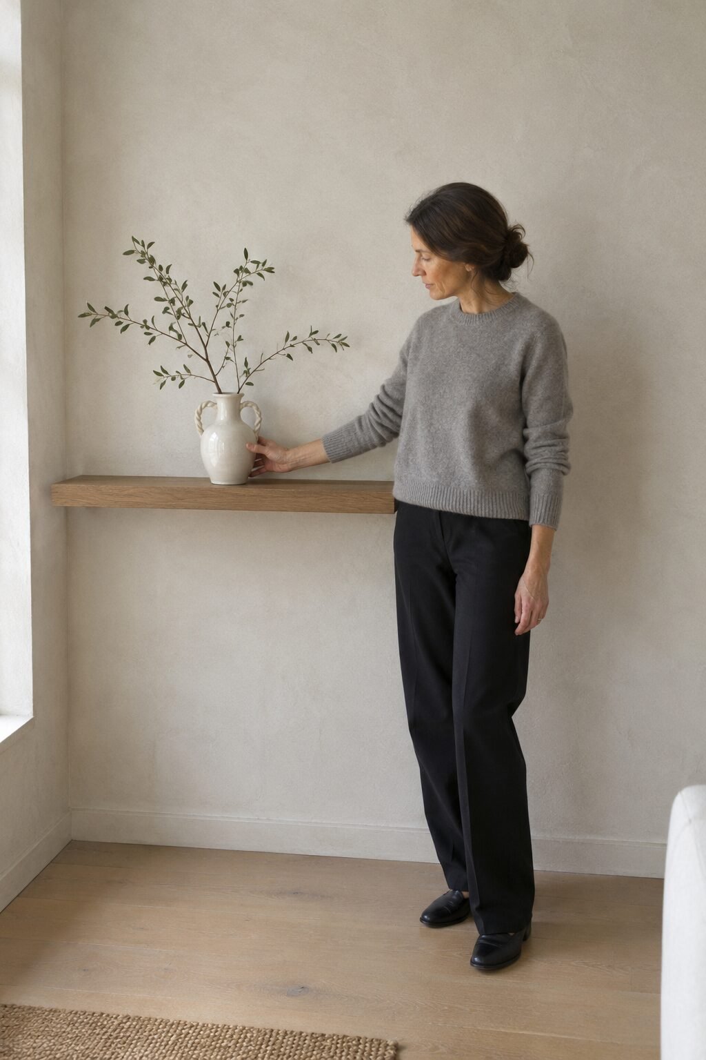Woman placing a cream ceramic vase with a few branches on a bare wooden shelf in a bright, quiet room
