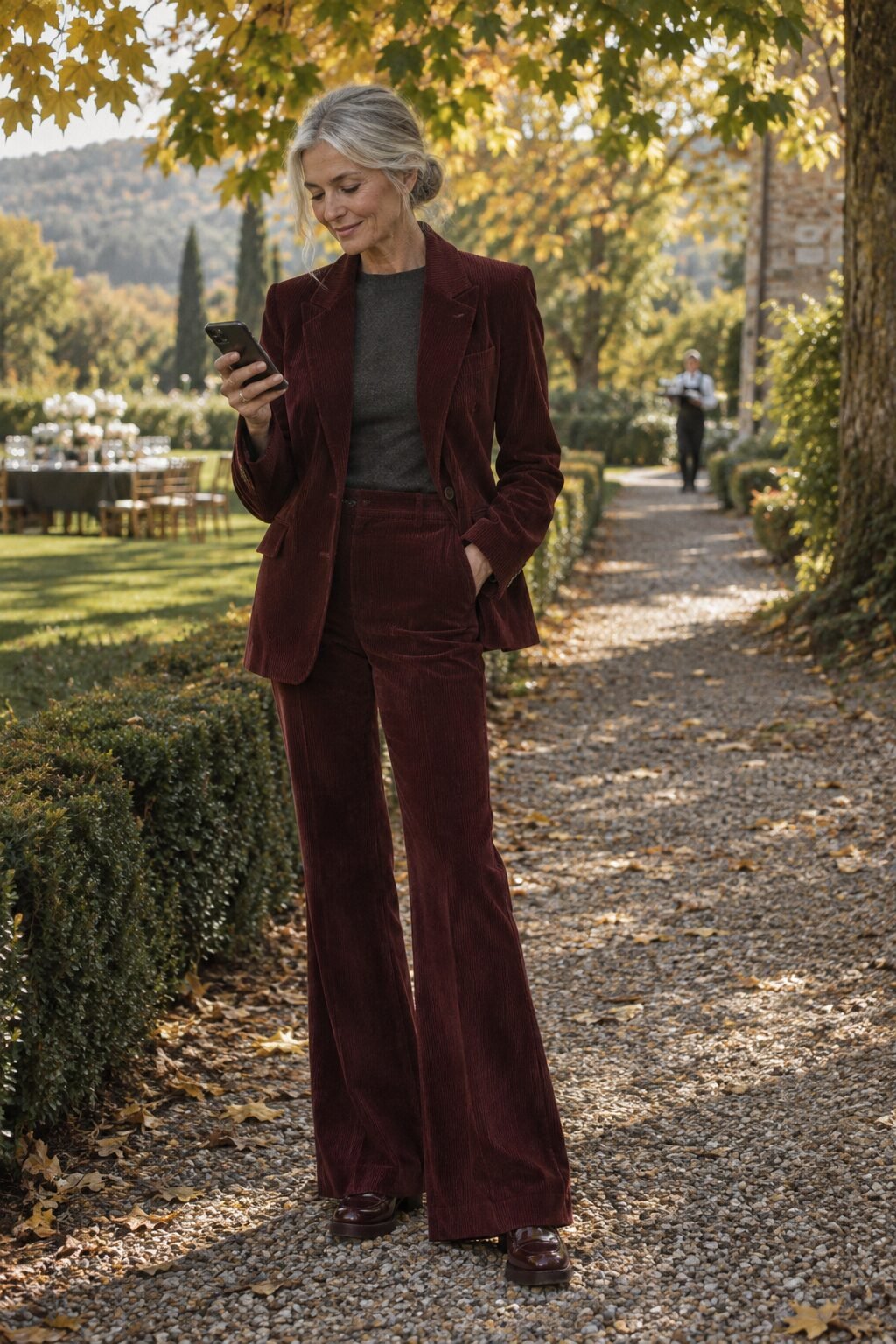 burgundy corduroy suit with glossy burgundy loafers, a mother of the groom rehearsal dinner outfit for fall