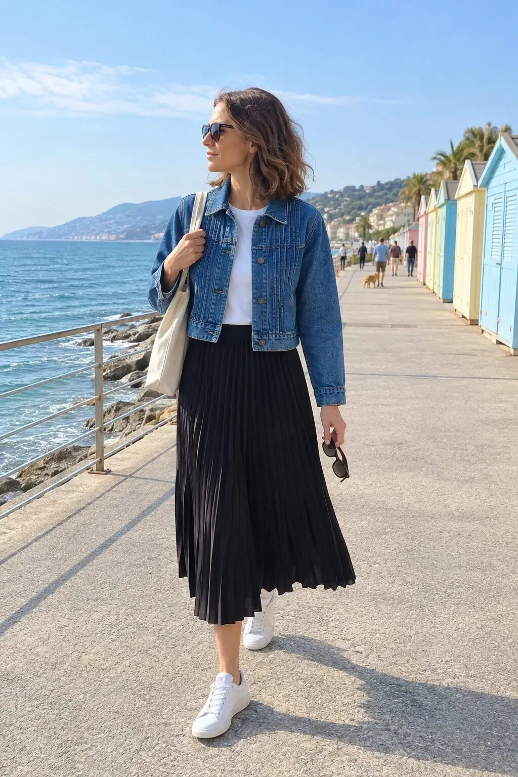 midi skirt outfit idea: mid-indigo cropped denim jacket over a black pleated midi skirt with white leather sneakers