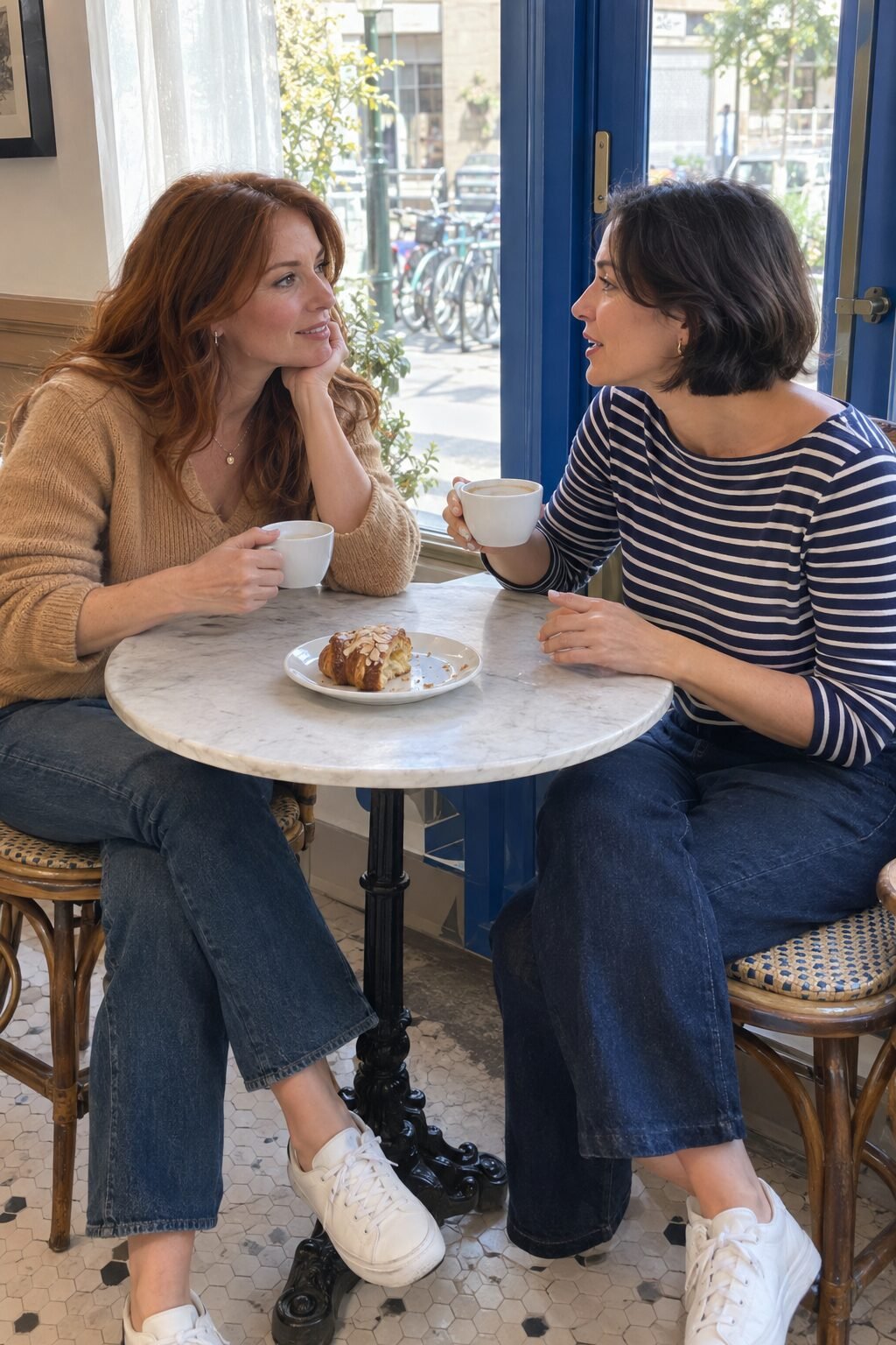 two women chatting over coffee at a small cafe table, one listening with a warm expression, an easy meaningful conversation