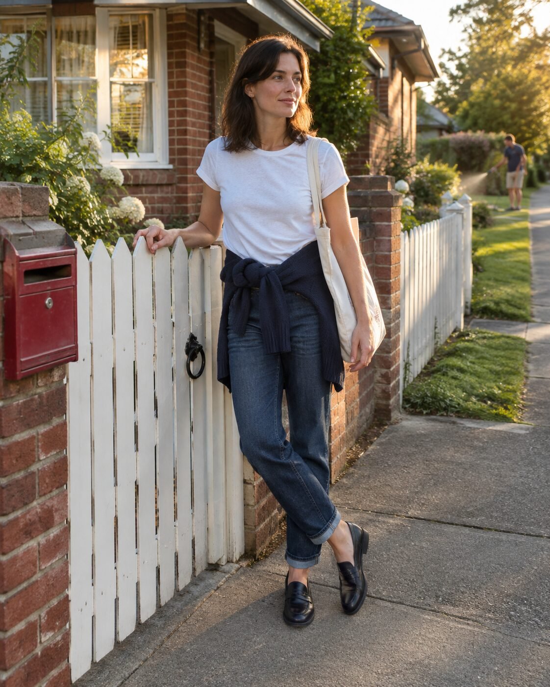 woman in black penny loafers and white leather sneakers with a relaxed outfit, comfortable classy shoes for a casual event
