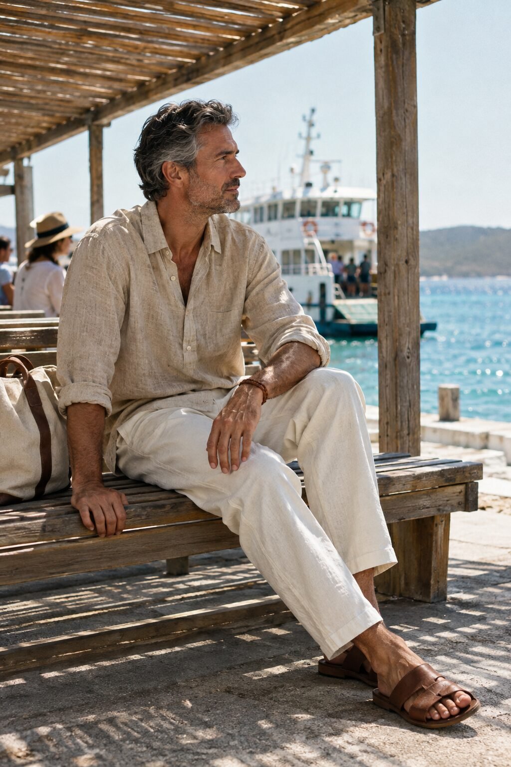 old money bracelet with a linen shirt: cognac braided leather bracelet and a natural flax Irish linen shirt