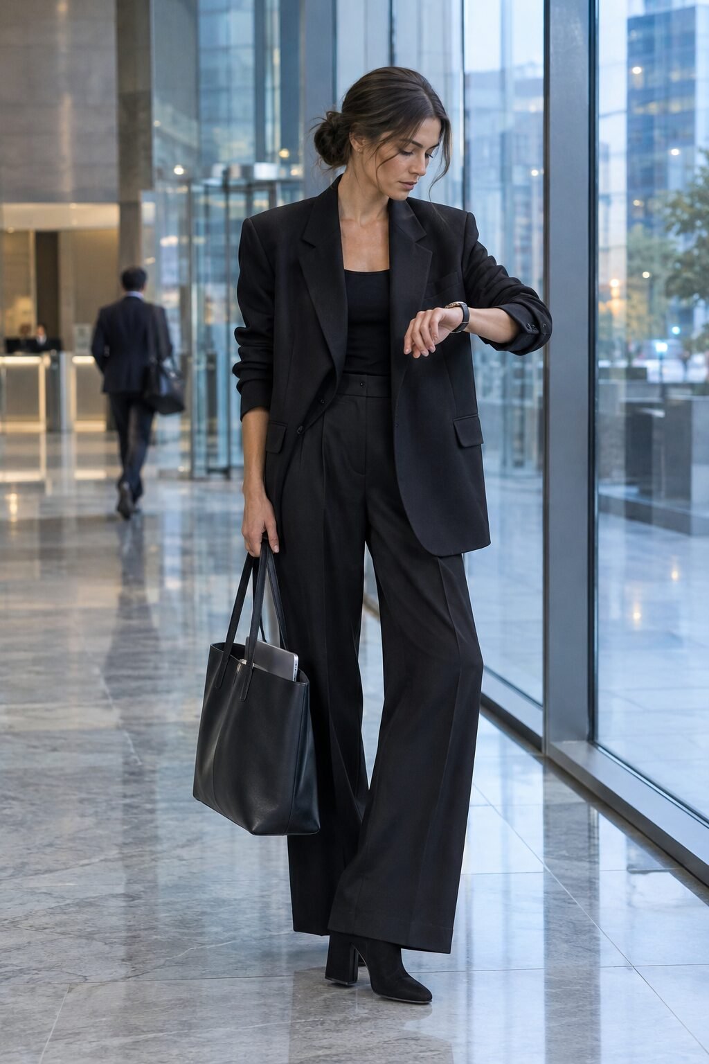 classy fall outfit with ankle boots: oversized black blazer and wide tailored trousers