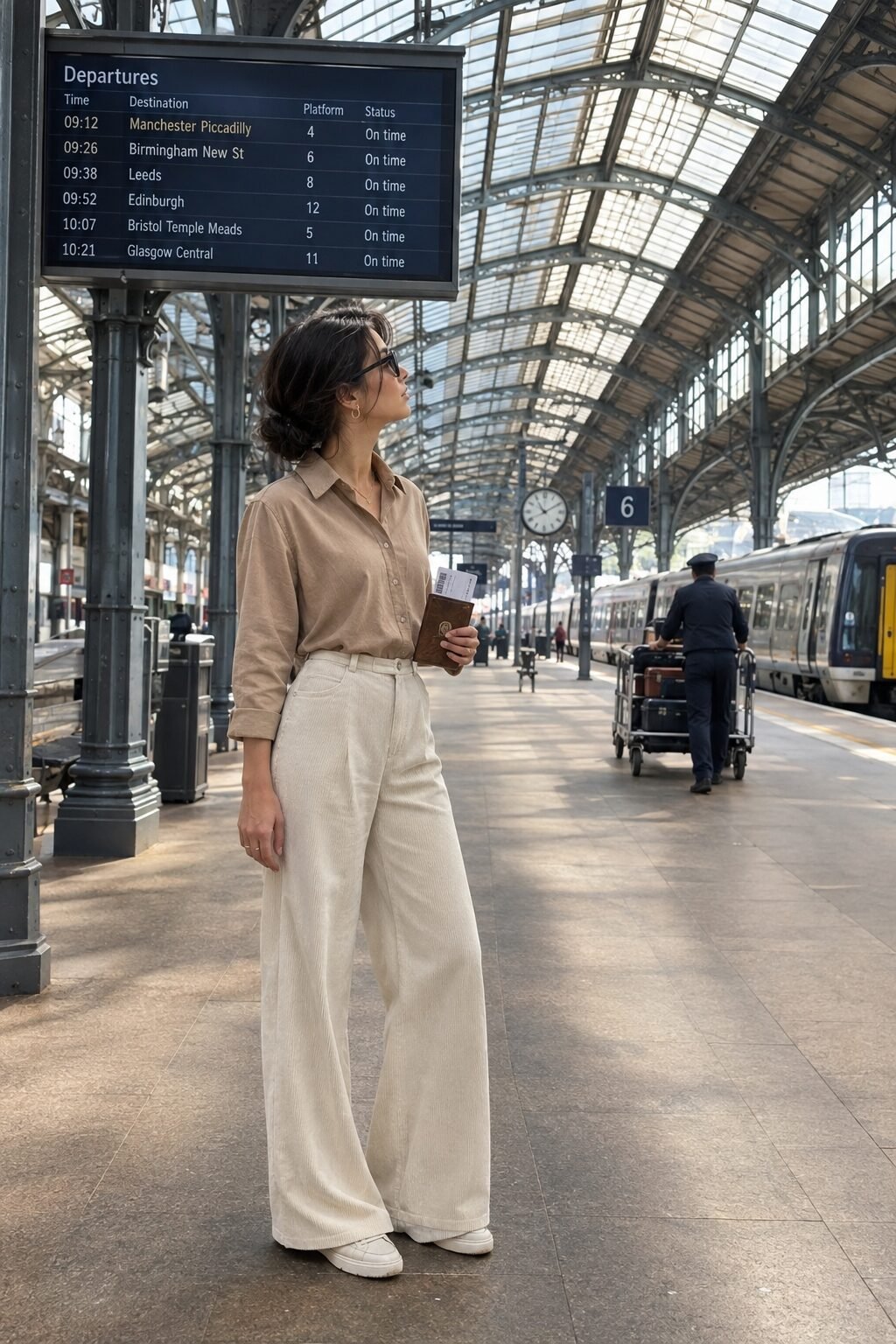 how to style a sand silk blouse with cream wide-leg trousers for travel