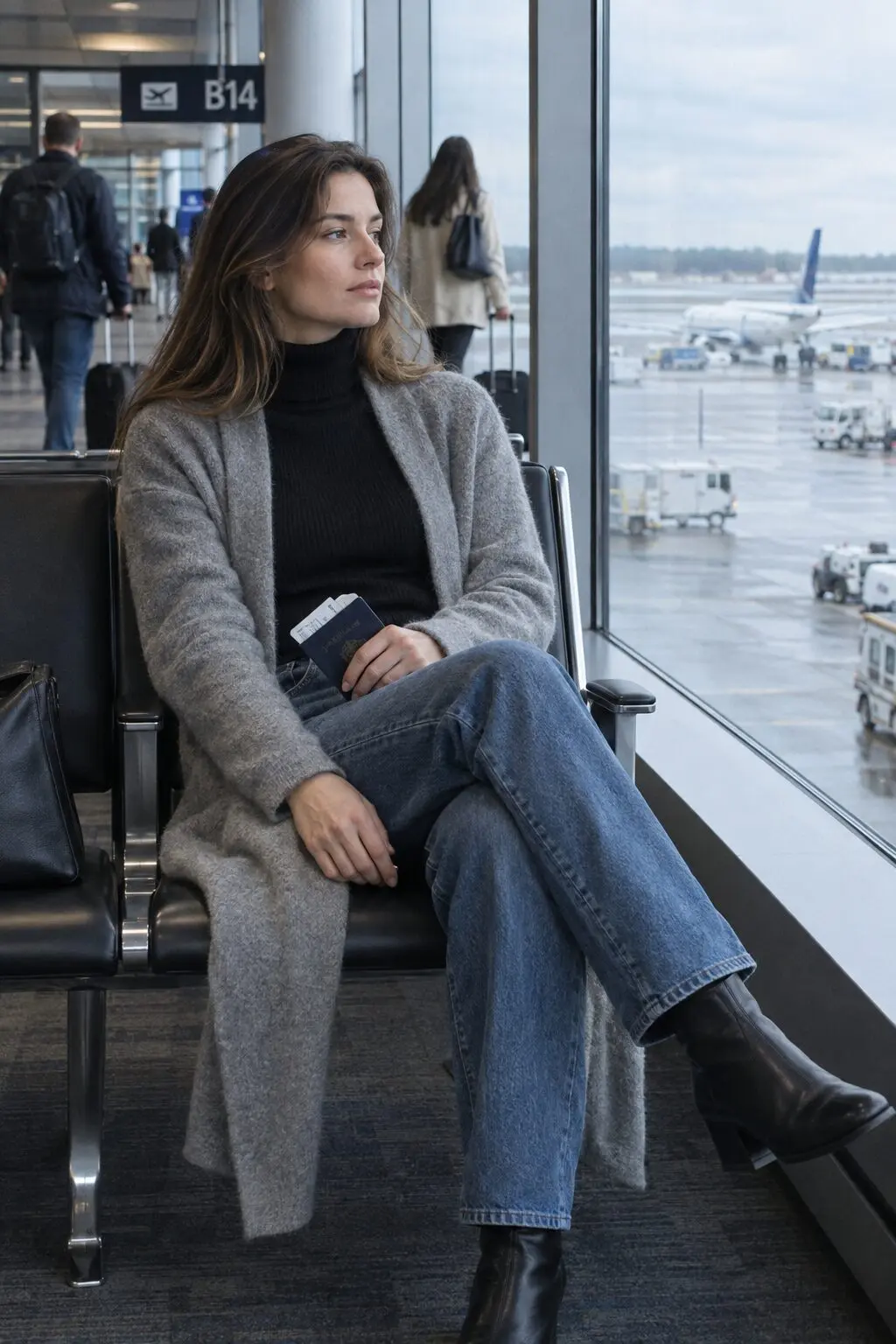 cashmere capsule wardrobe travel outfit: grey cashmere duster cardigan layered over a black cashmere turtleneck with jeans and ankle boots