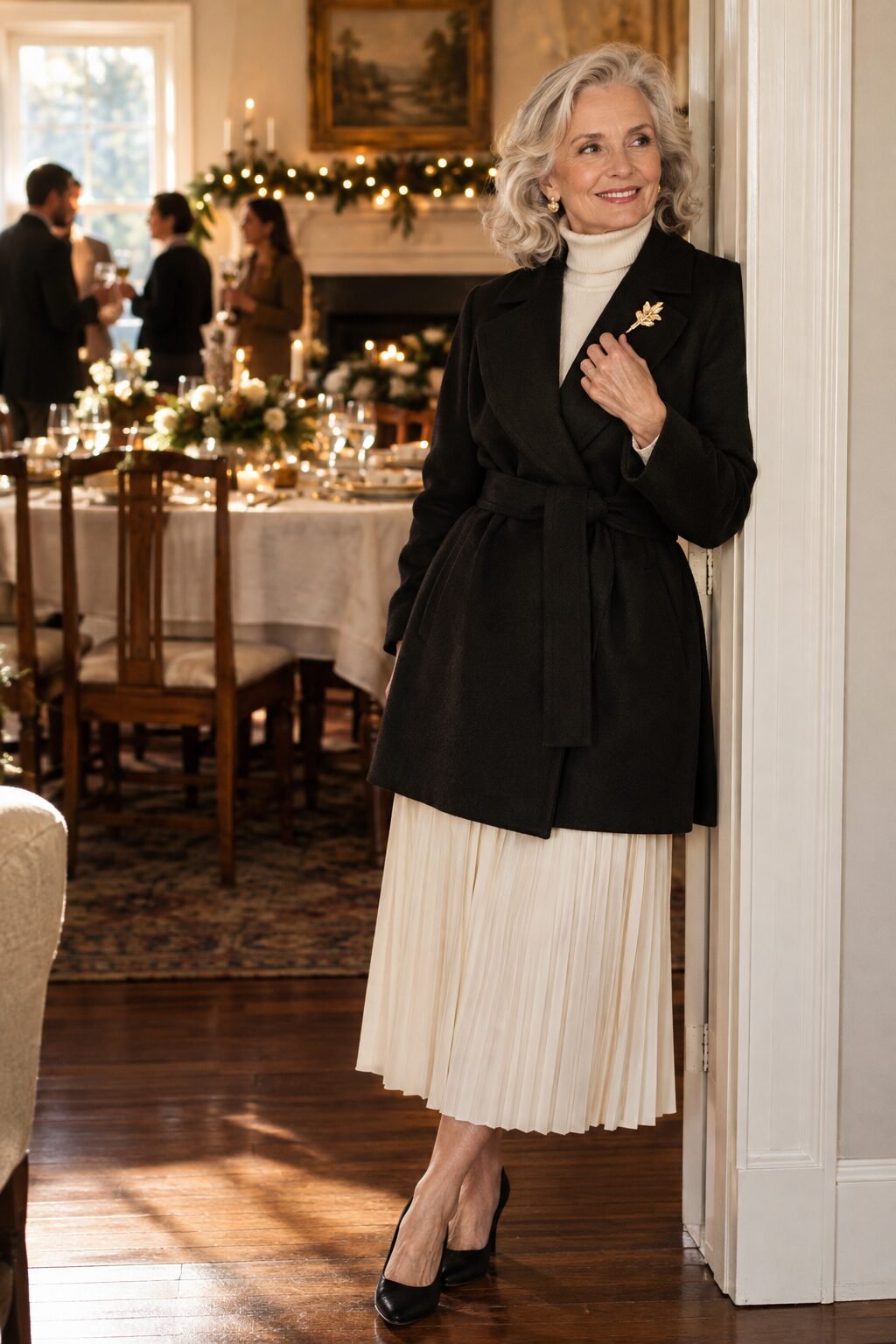 elegant holiday brunch outfit for a woman in her 70s: black wrap coat, cream cashmere turtleneck, and ivory pleated midi skirt