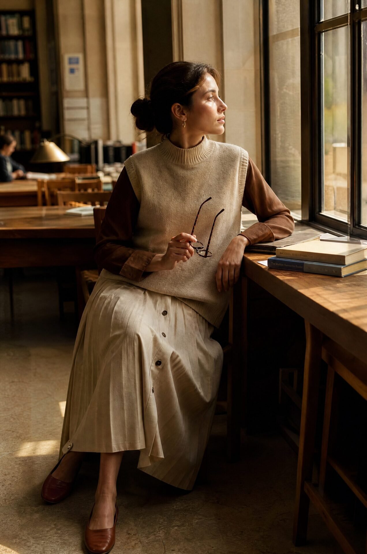 dark academia campus outfit: oatmeal cashmere sweater vest, cinnamon silk shirt, and pleated button-front midi skirt