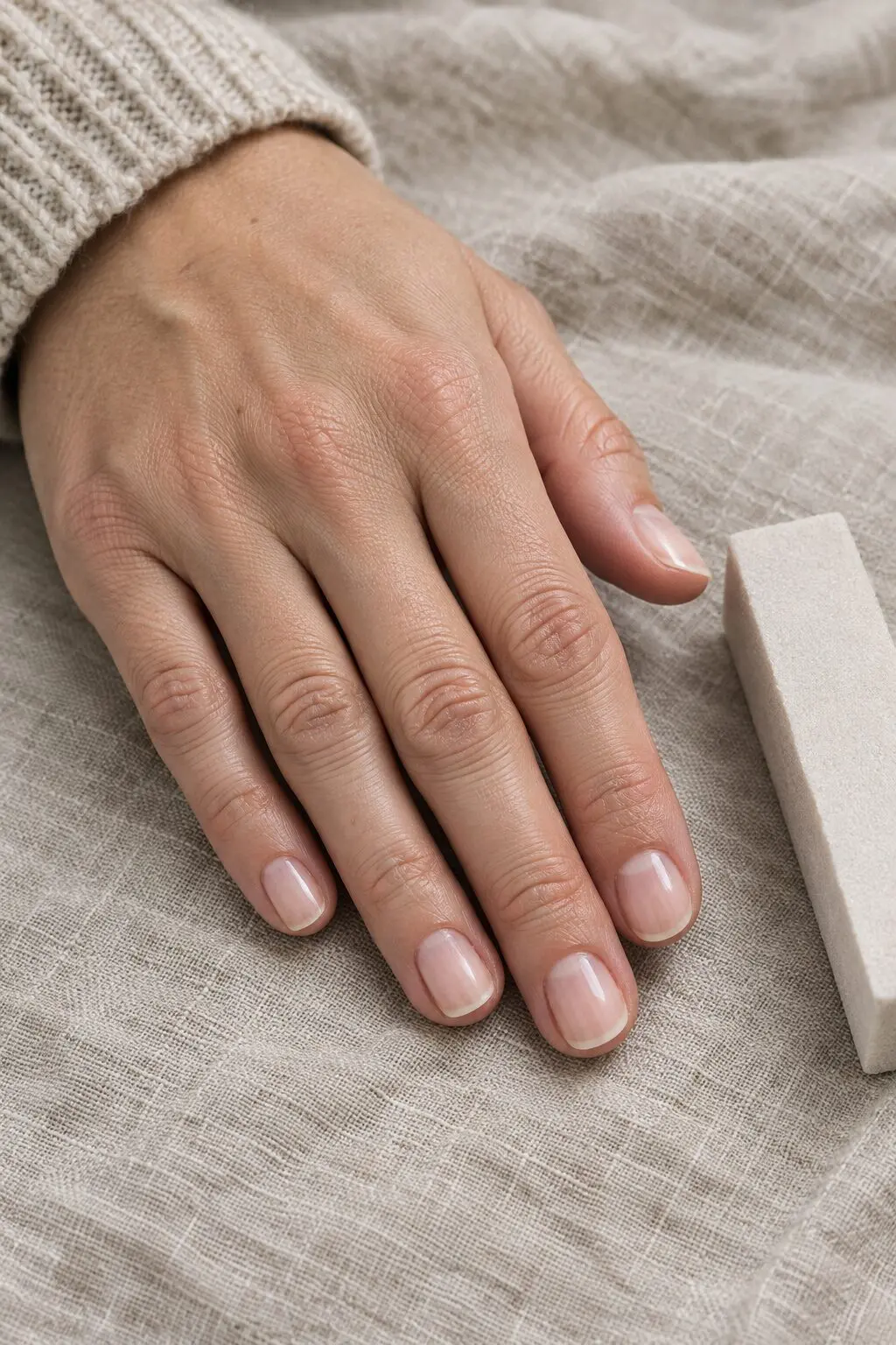 close-up of a hand with smooth, even bare nails on a linen cloth beside a pale nail buffer block