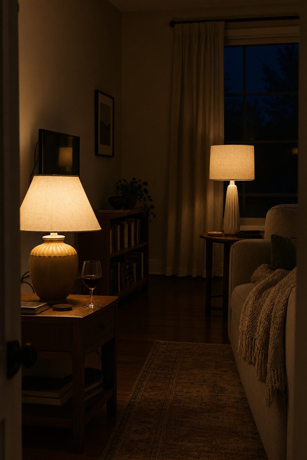 quiet luxury home sitting room at night lit only by two ceramic table lamps with fabric shades, a glass of red wine on the side table