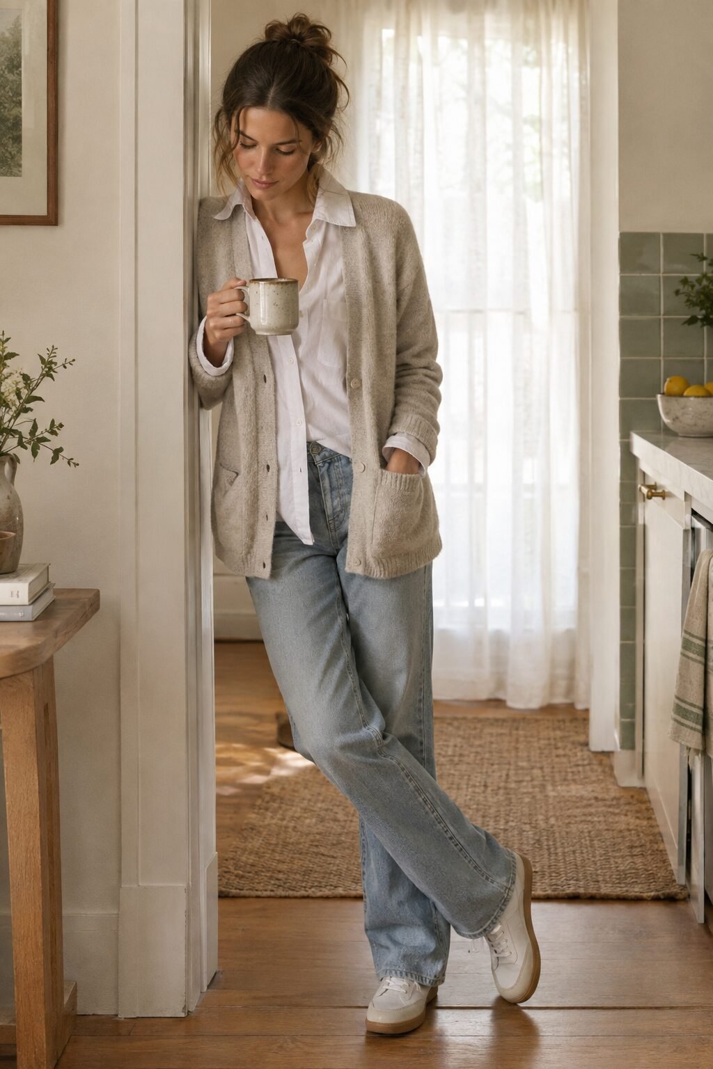 how to style a white button-down: white shirt half-buttoned under an open oatmeal cashmere cardigan with straight-leg jeans