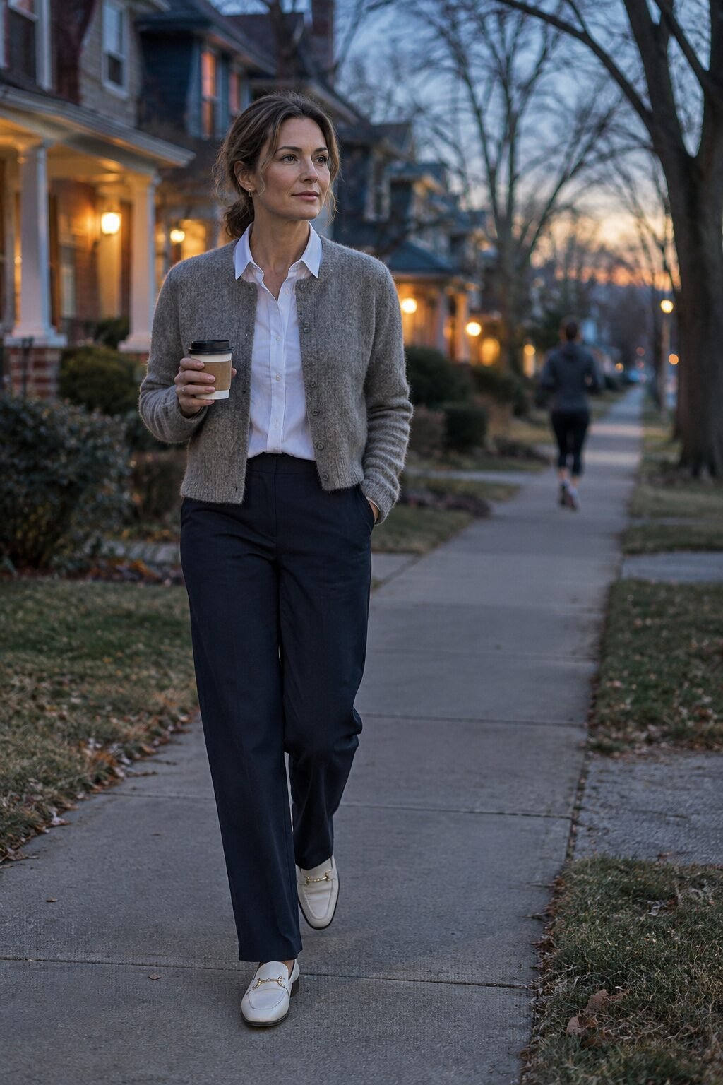layered wrinkle-free evening outfit: white poplin shirt, alpaca cardigan, navy ponte trousers, and ivory loafers