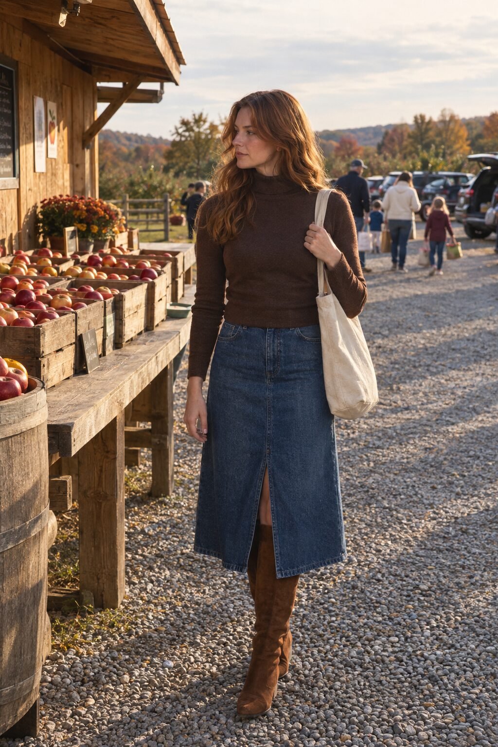 elegant apple picking outfit: brown cashmere turtleneck, denim midi skirt and tall suede boots
