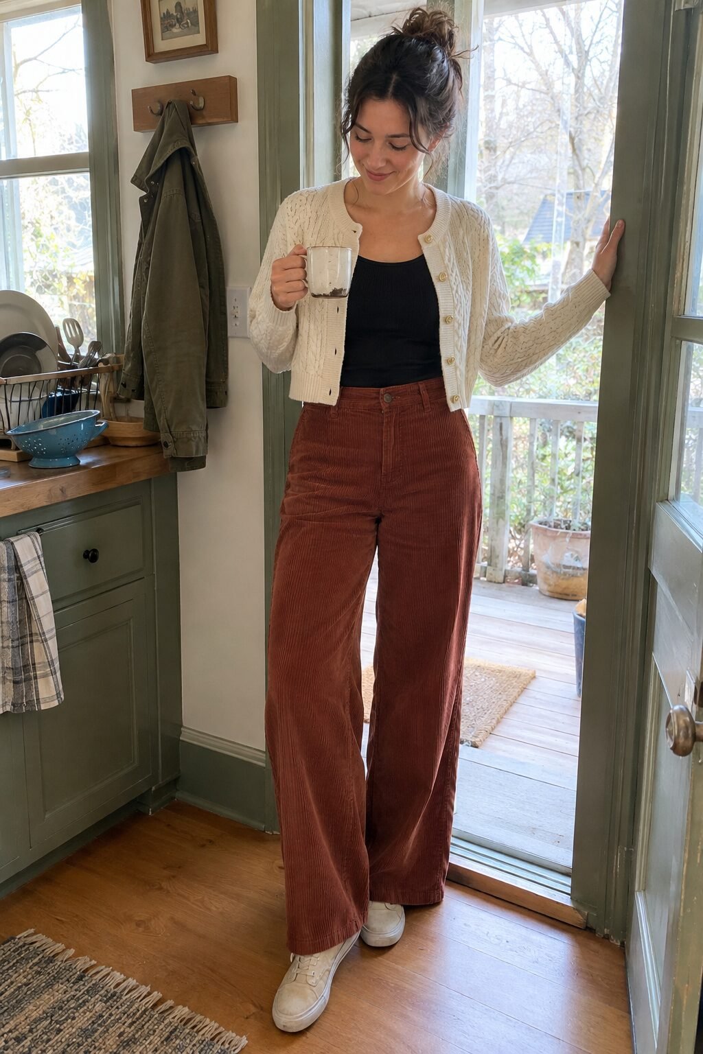 how to style corduroy pants with a cream cable-knit cardigan, black ribbed tank and brick red wide-leg corduroy pants