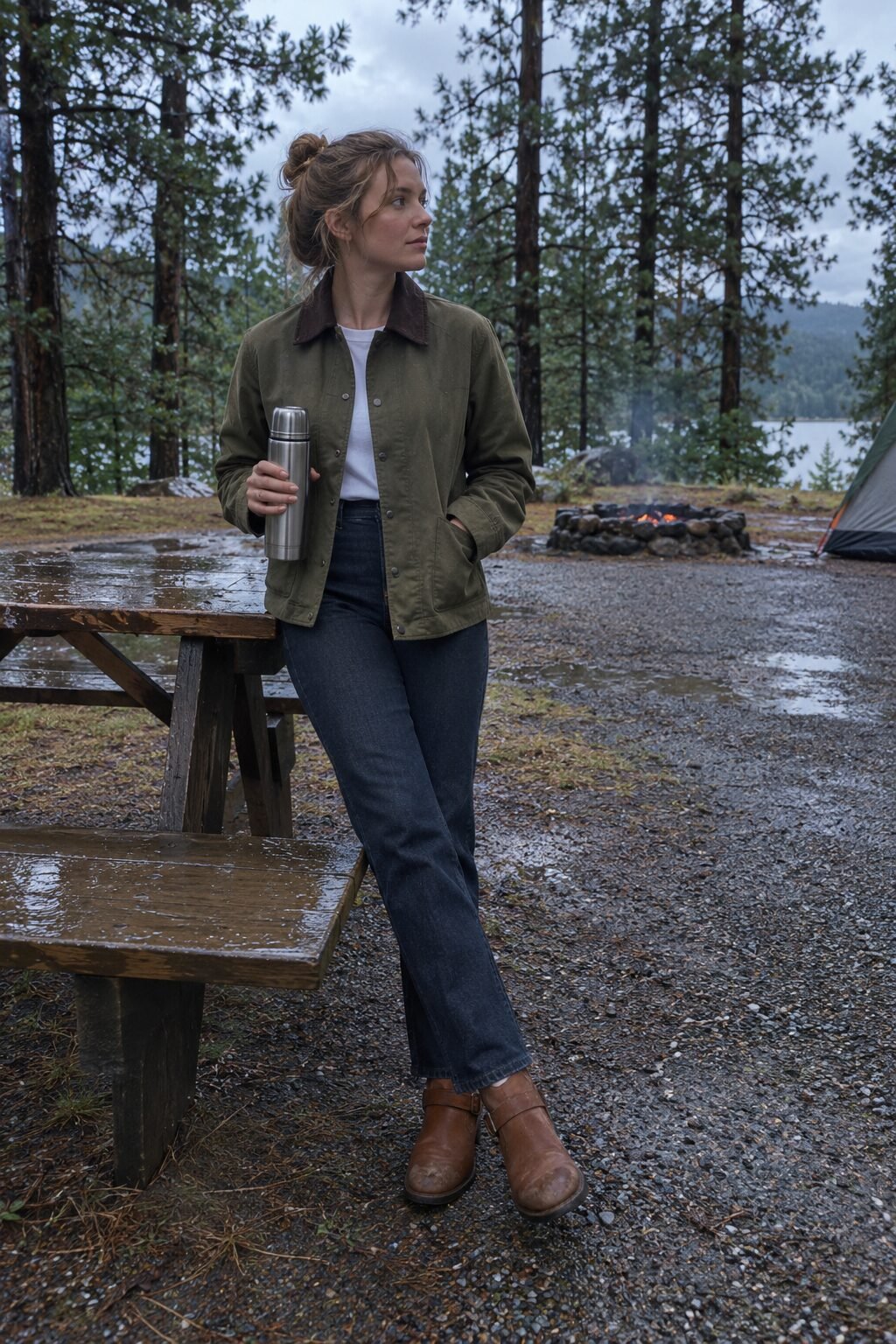 woman in an olive twill barn jacket and cognac leather buckle ankle boots at a campground bonfire