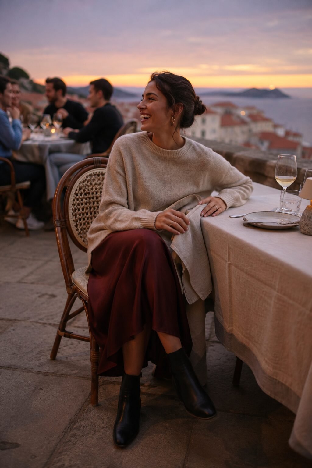 woman layering a cashmere sweater over a silk slip dress with the hem showing at the ankle