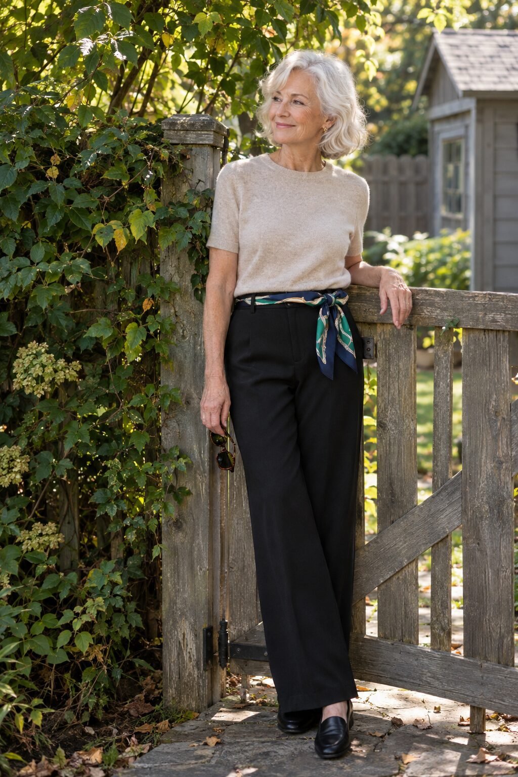 how to style a silk scarf as a belt over an oatmeal cashmere tee tucked into black wide-leg trousers
