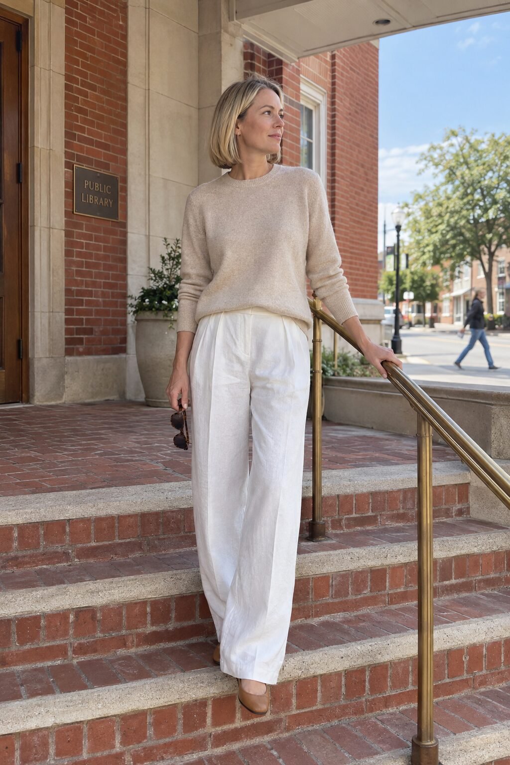 coastal grandmother fall outfit: beige cashmere crewneck sweater and pleated white linen trousers
