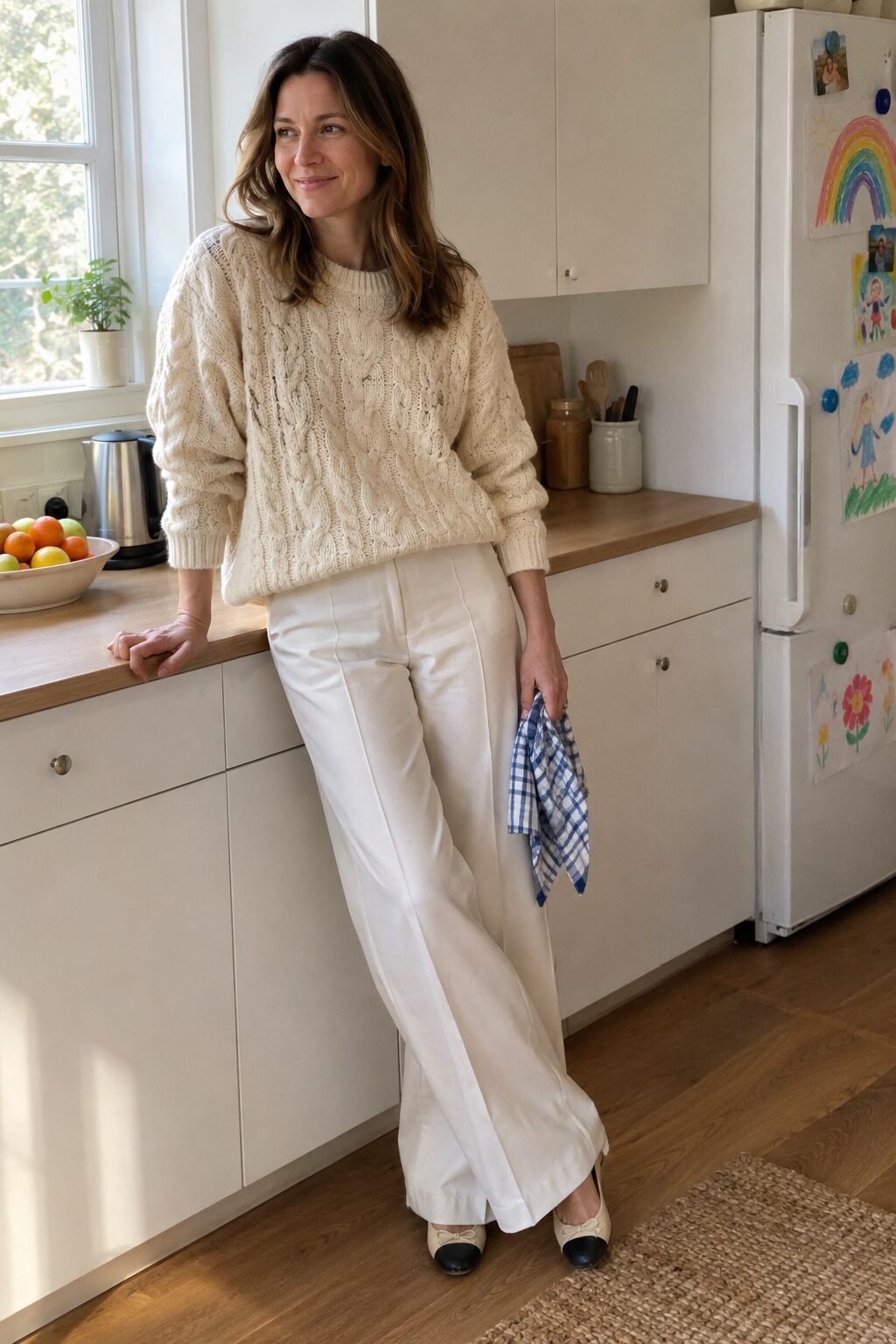 old money white outfit: ivory cashmere fisherman cable sweater with white wide-leg press-crease trousers and bone cap-toe ballet flats