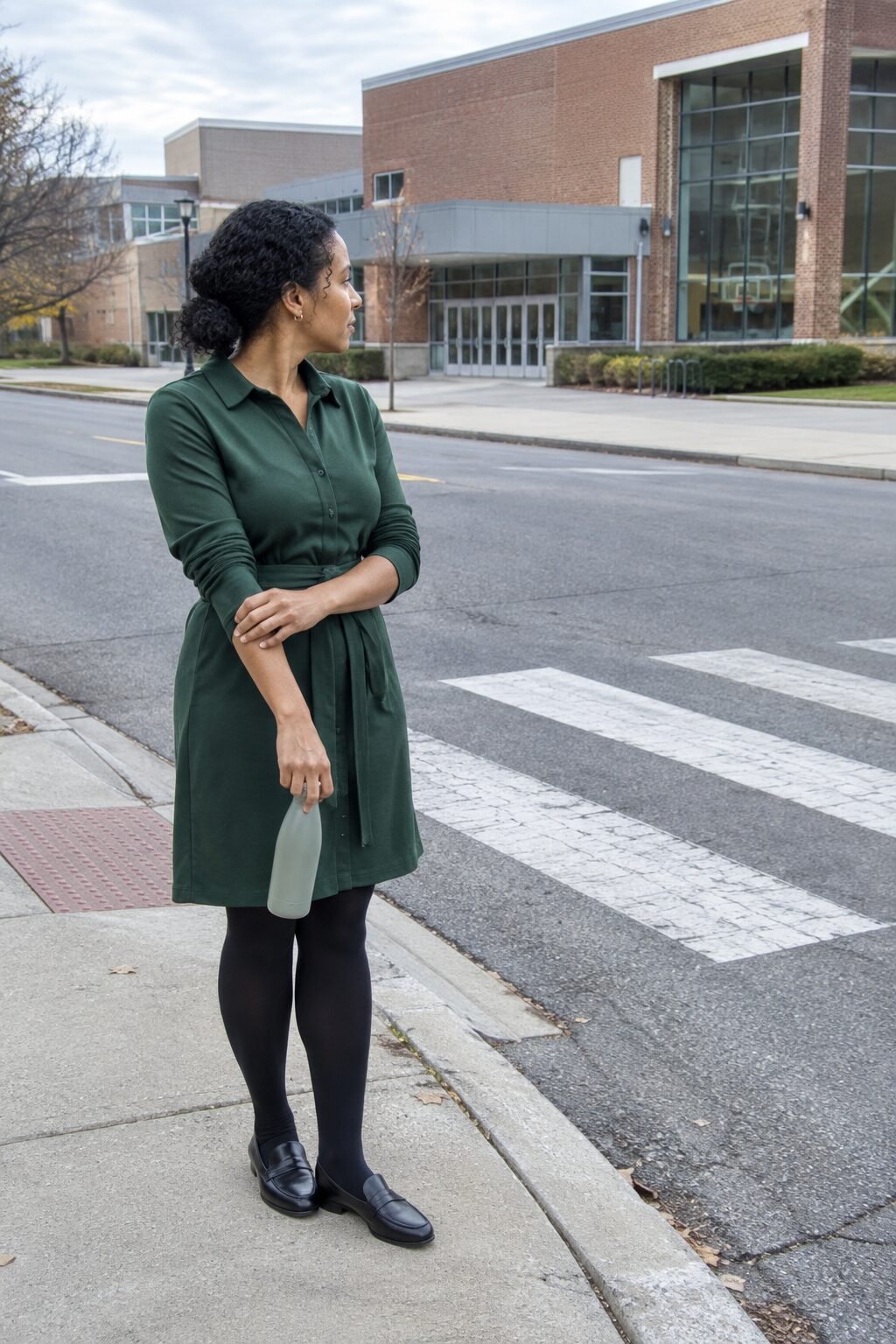 forest green halloween teacher outfit: forest green shirt dress with black opaque tights and black loafers