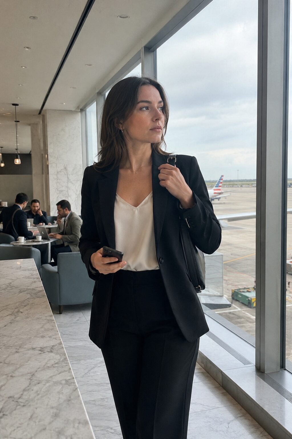 elegant airport outfit: black tailored blazer, ivory silk camisole, and tapered trousers for a business trip