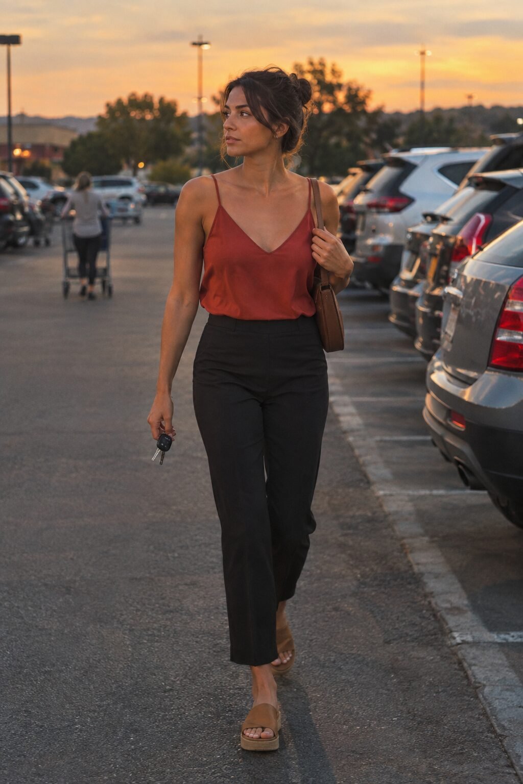 how to style elastic-waist trousers with a clay red silk cami tucked in, tan nubuck slides and a saddle leather bag